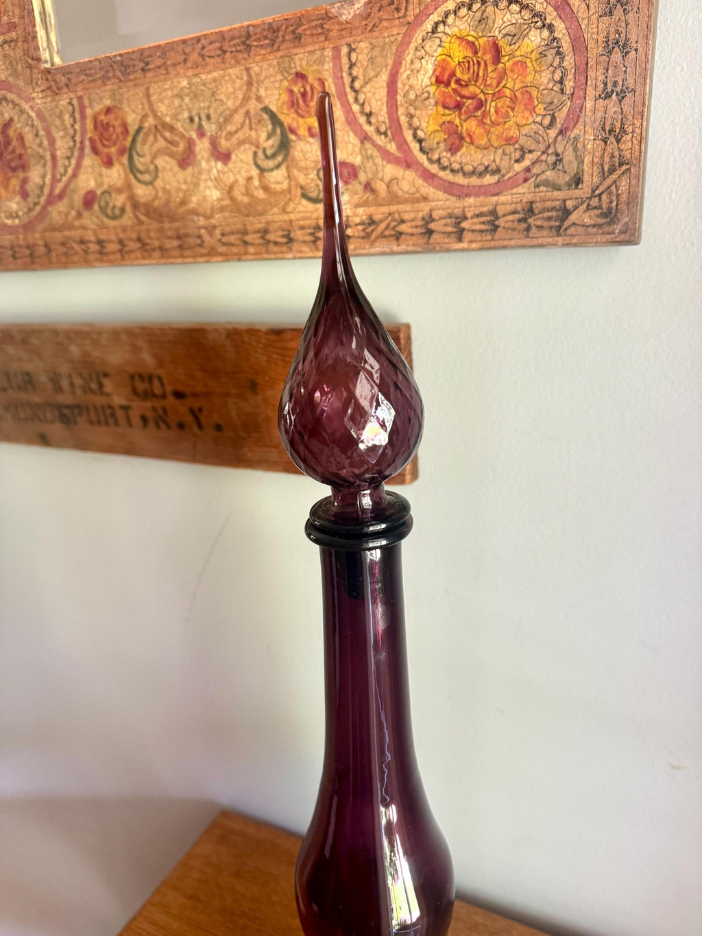 Large Amethyst Empoli Glass Bottle | Deep Purple Italian Glass Decanter | 24 1/2" Genie Bottle Amethyst Bohemian Style Bottle | Boho Decor