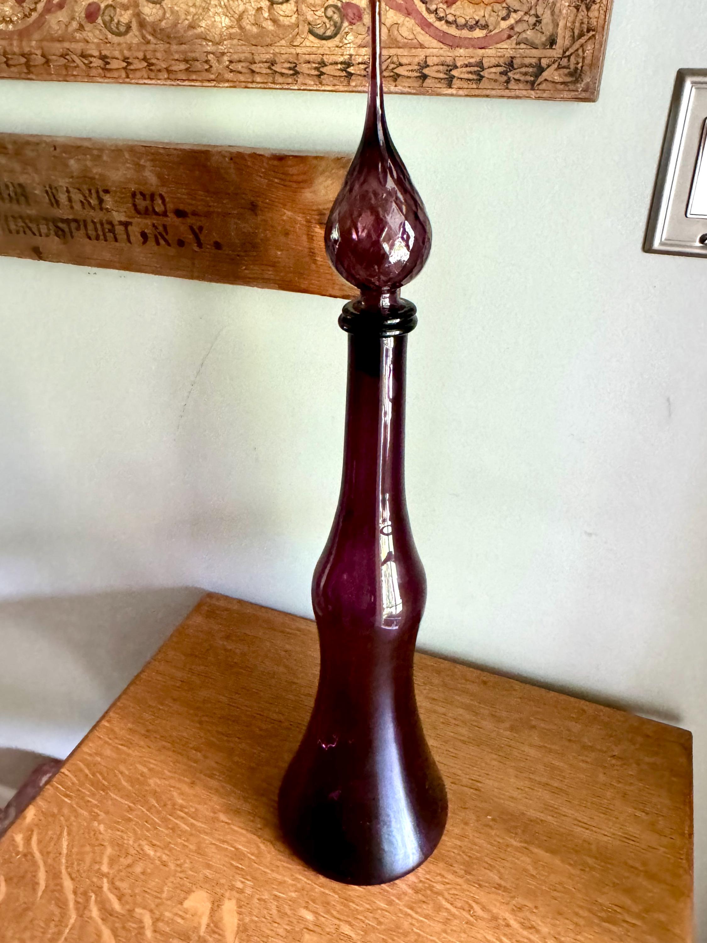 Large Amethyst Empoli Glass Bottle | Deep Purple Italian Glass Decanter | 24 1/2" Genie Bottle Amethyst Bohemian Style Bottle | Boho Decor