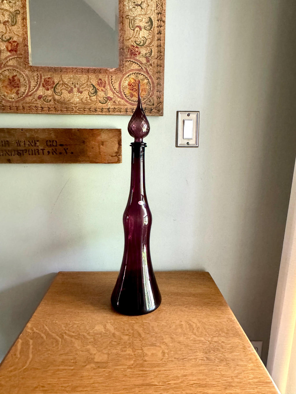 Large Amethyst Empoli Glass Bottle | Deep Purple Italian Glass Decanter | 24 1/2" Genie Bottle Amethyst Bohemian Style Bottle | Boho Decor