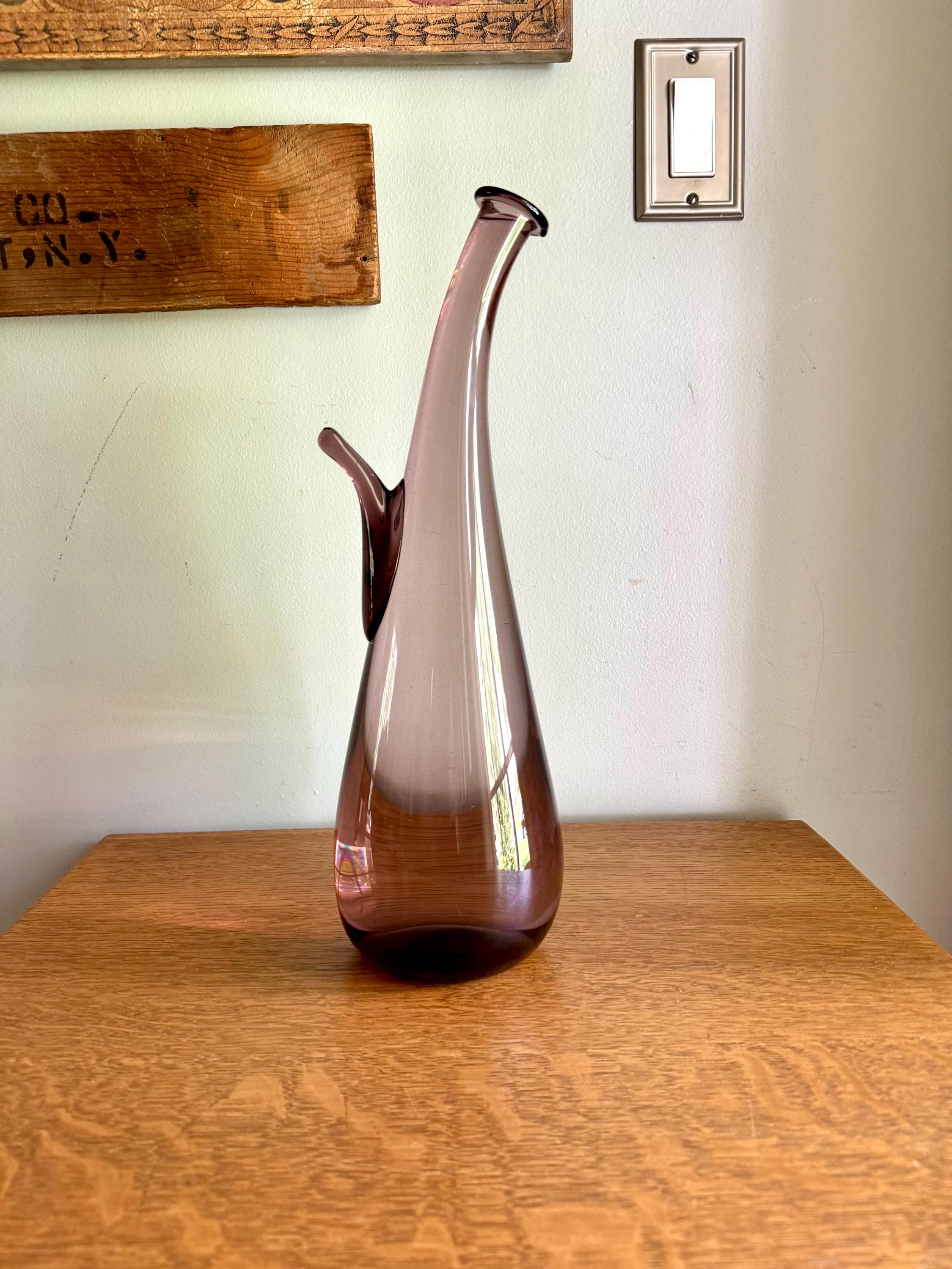 Large Amethyst Bent Glass Bottle | Unique Deep Purple Italian Glass Decanter | 16" Tall Genie Bottle Amethyst Bohemian Style Bottle