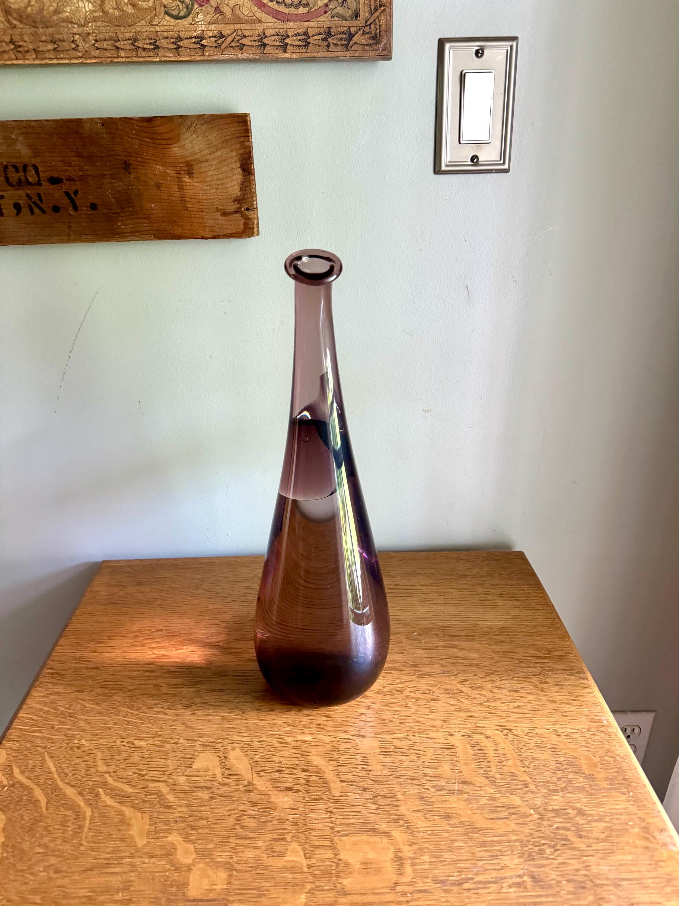 Large Amethyst Bent Glass Bottle | Unique Deep Purple Italian Glass Decanter | 16" Tall Genie Bottle Amethyst Bohemian Style Bottle
