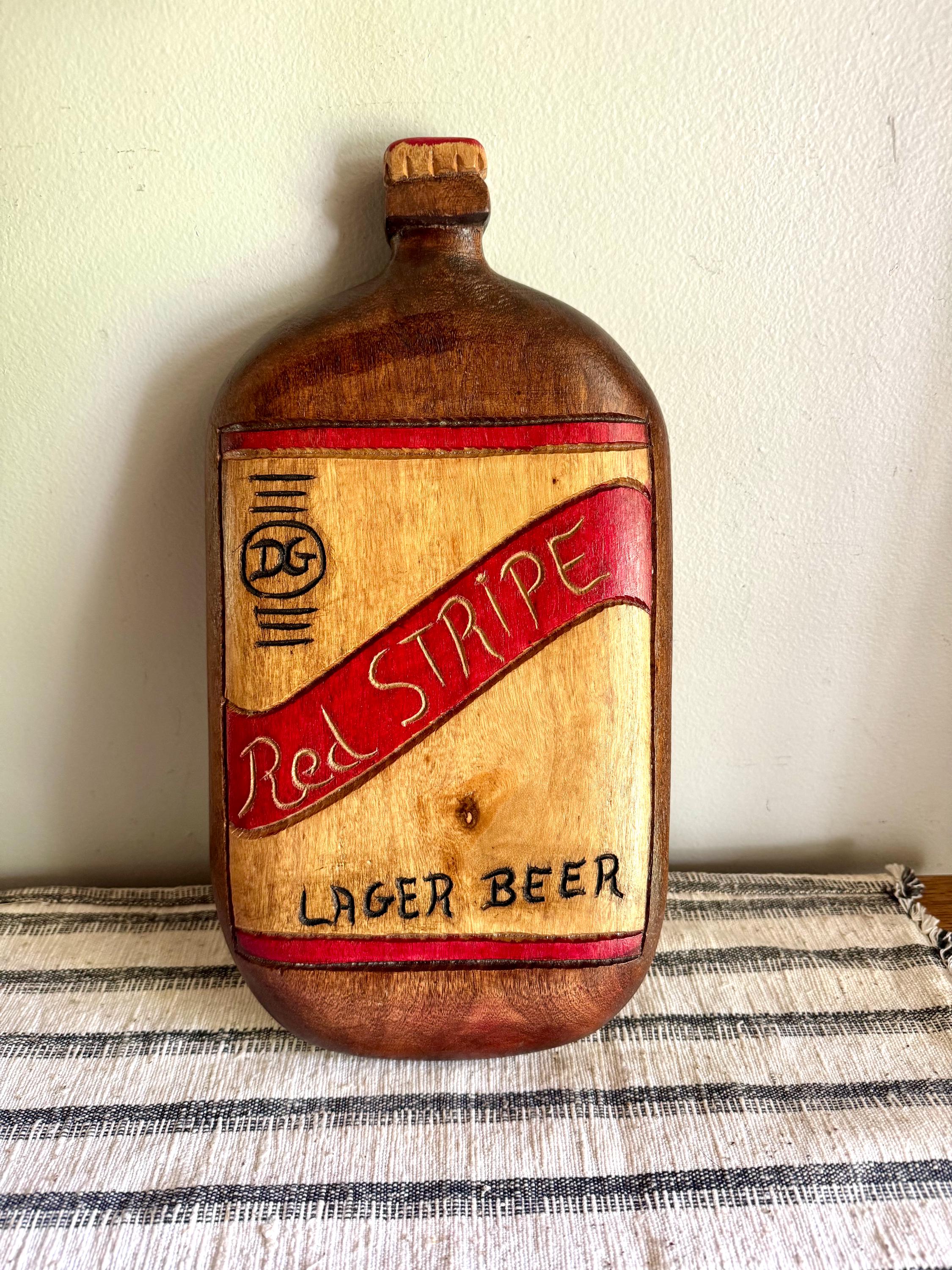 Vintage Red Stripe Beer Sign | Carved Wood Red Stripe Lager Beer Sign | Hand Carved Red Stripe Beer Bottle Sign | Tiki Bar Decor Sign