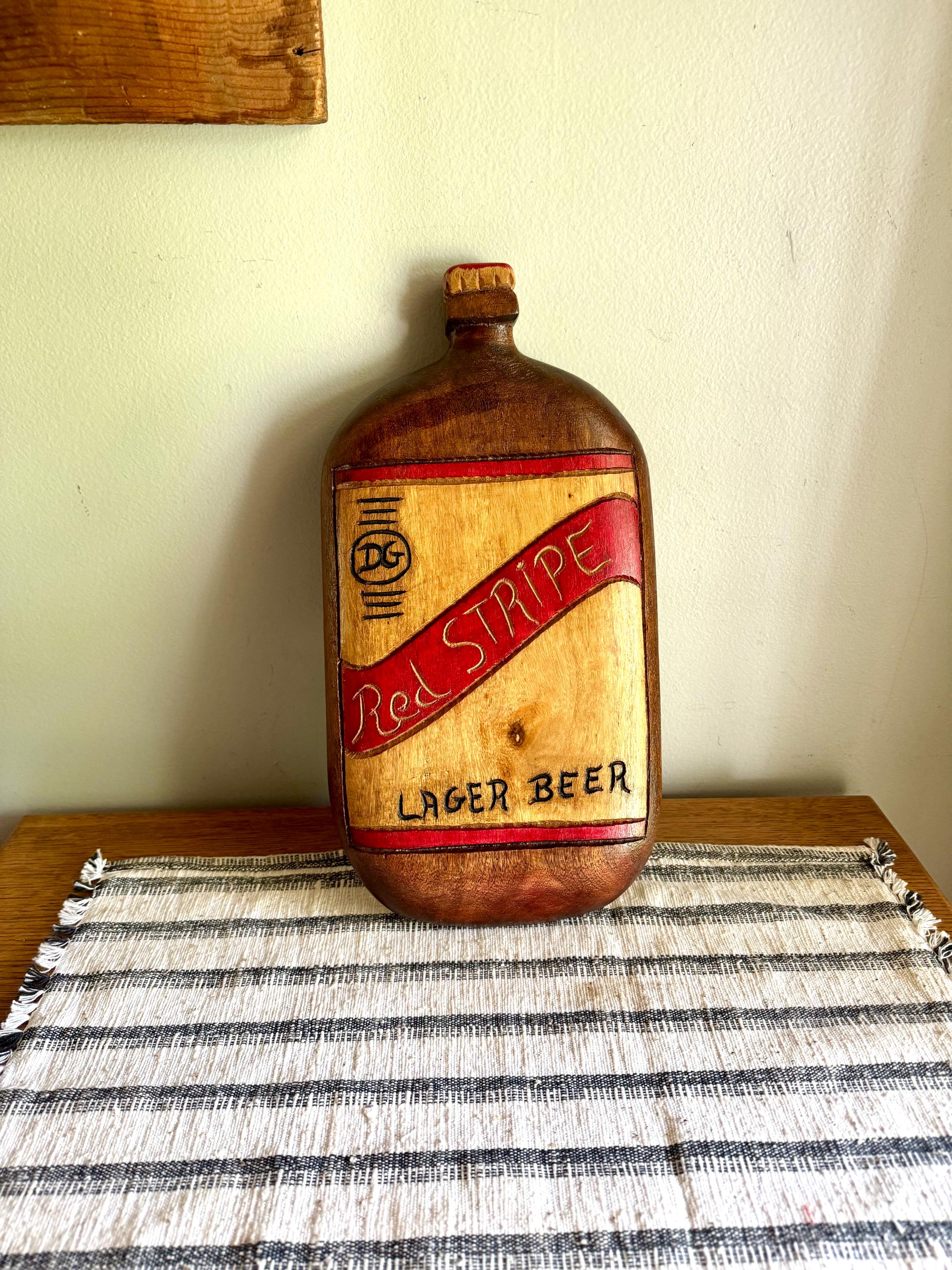 Vintage Red Stripe Beer Sign | Carved Wood Red Stripe Lager Beer Sign | Hand Carved Red Stripe Beer Bottle Sign | Tiki Bar Decor Sign