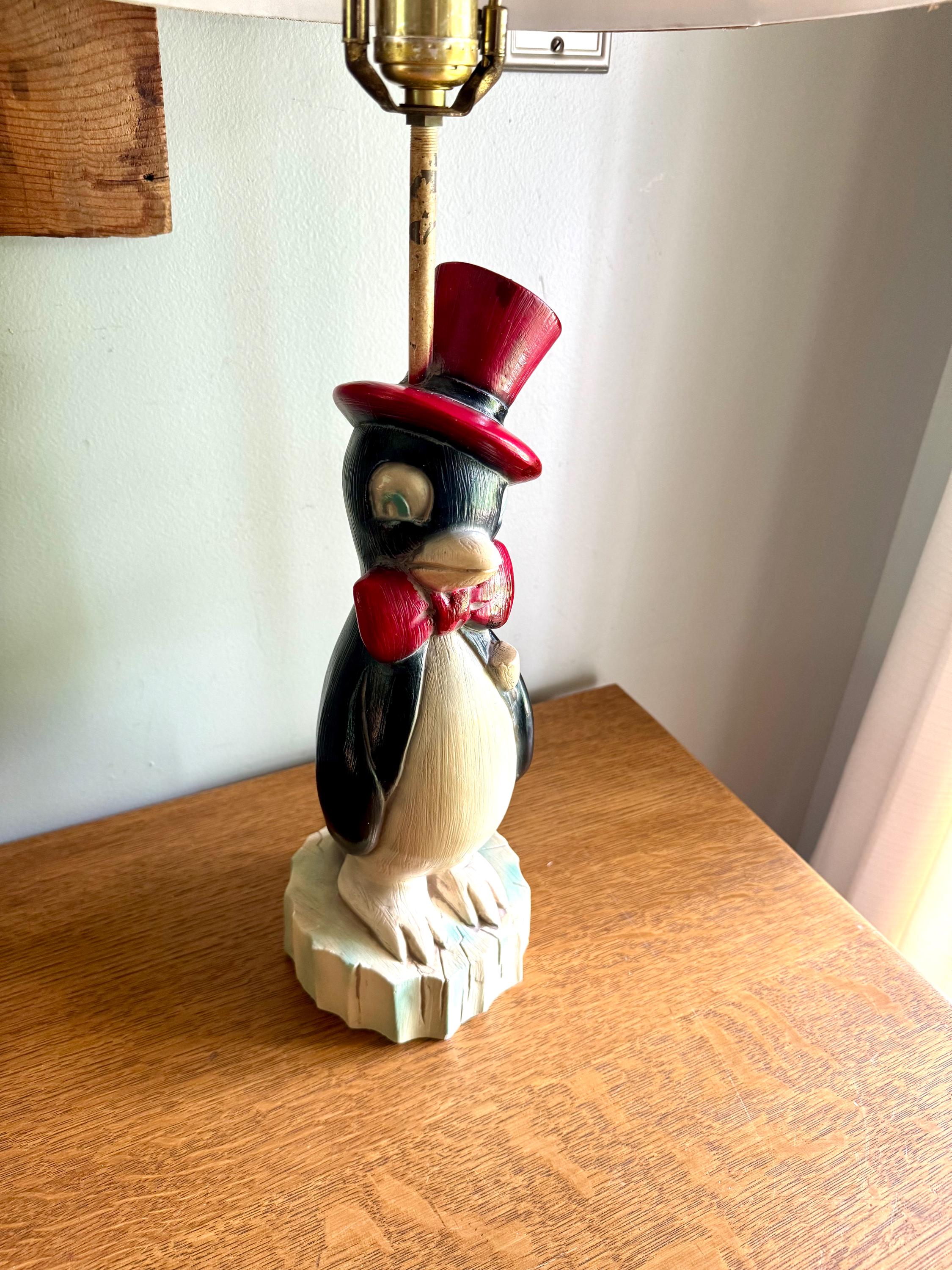 Vintage Quartite Creative Corp Penguin Lamp | Penquin in Bowtie and Top Hat Lamp | Penguin Chalk Ware Lamp | Whimsical Penguin Lamp