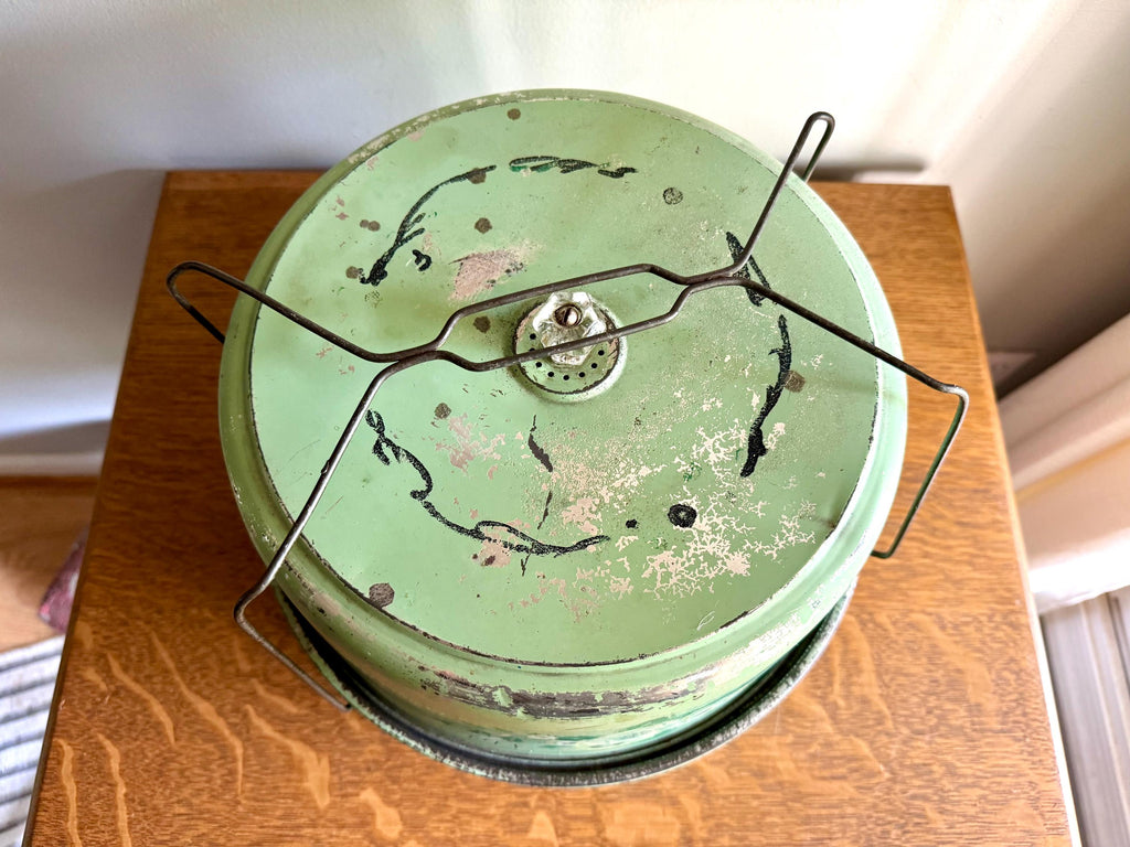 Vintage Green Floral Cake Carrier | Double Decker Cake Carrier | Green Cake and Pie Carrier | Cake Carrier Tin with 2 Compartments