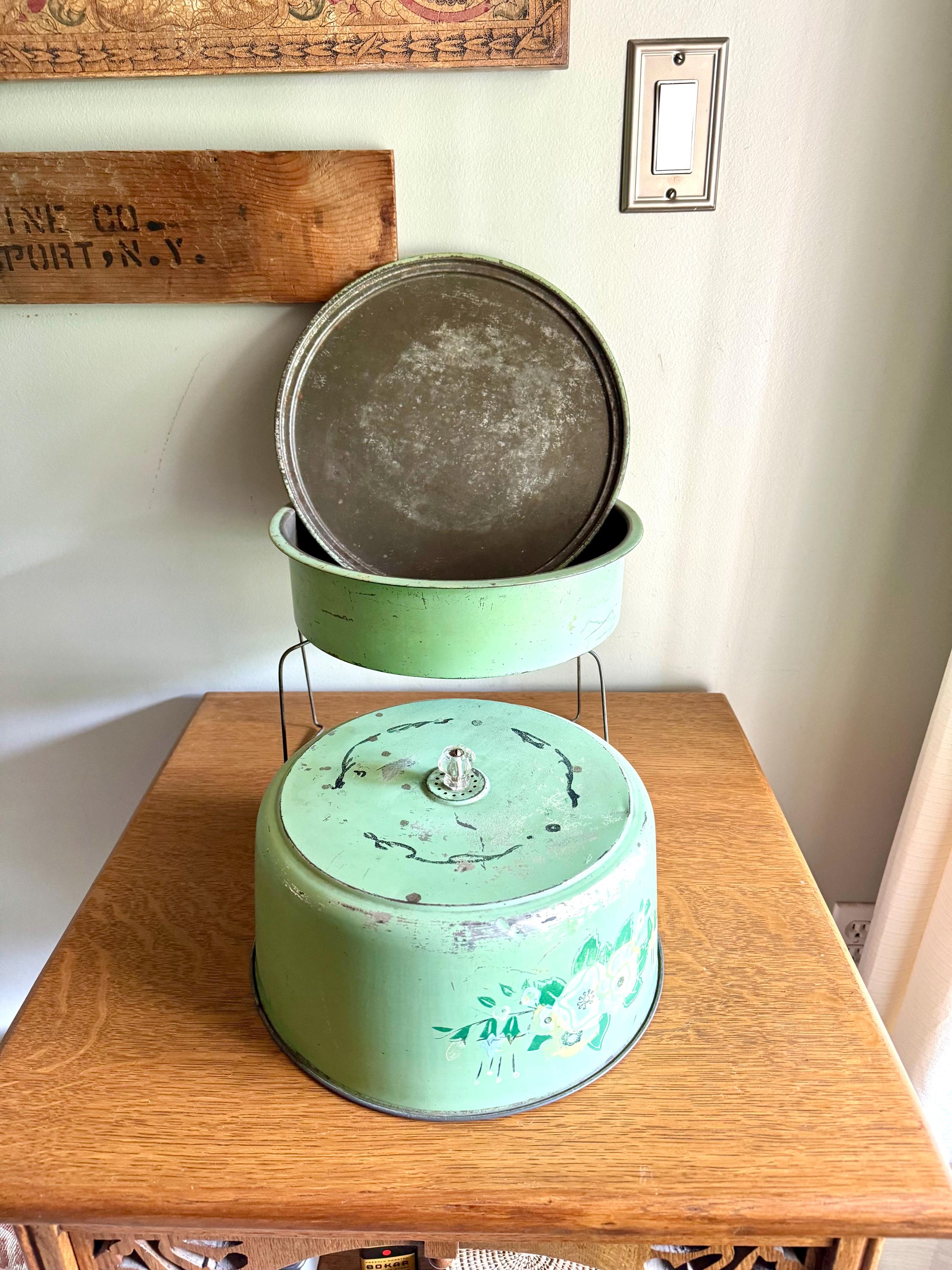 Vintage Green Floral Cake Carrier | Double Decker Cake Carrier | Green Cake and Pie Carrier | Cake Carrier Tin with 2 Compartments