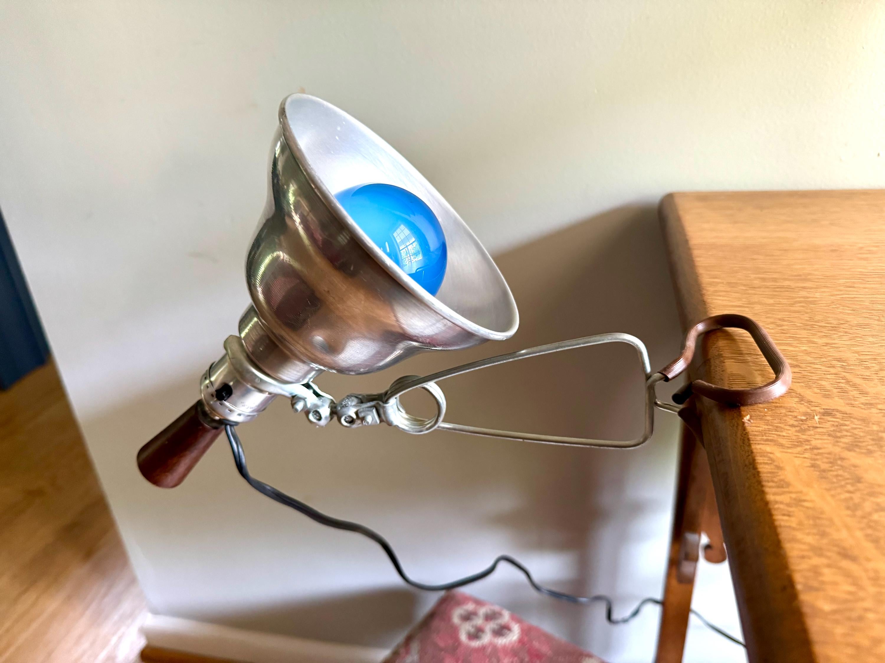 Vtg Aluminum Clamp Lamp | Wood Knob Clamp Lamp | Leviton Work Lamp | Photography Lamp | Spot lamp | Workstation Lamp