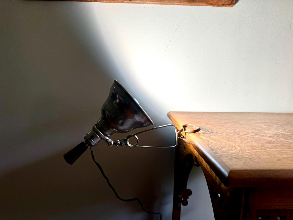 Vtg Aluminum Clamp Lamp | Wood Knob Clamp Lamp | Leviton Work Lamp | Photography Lamp | Spot lamp | Workstation Lamp