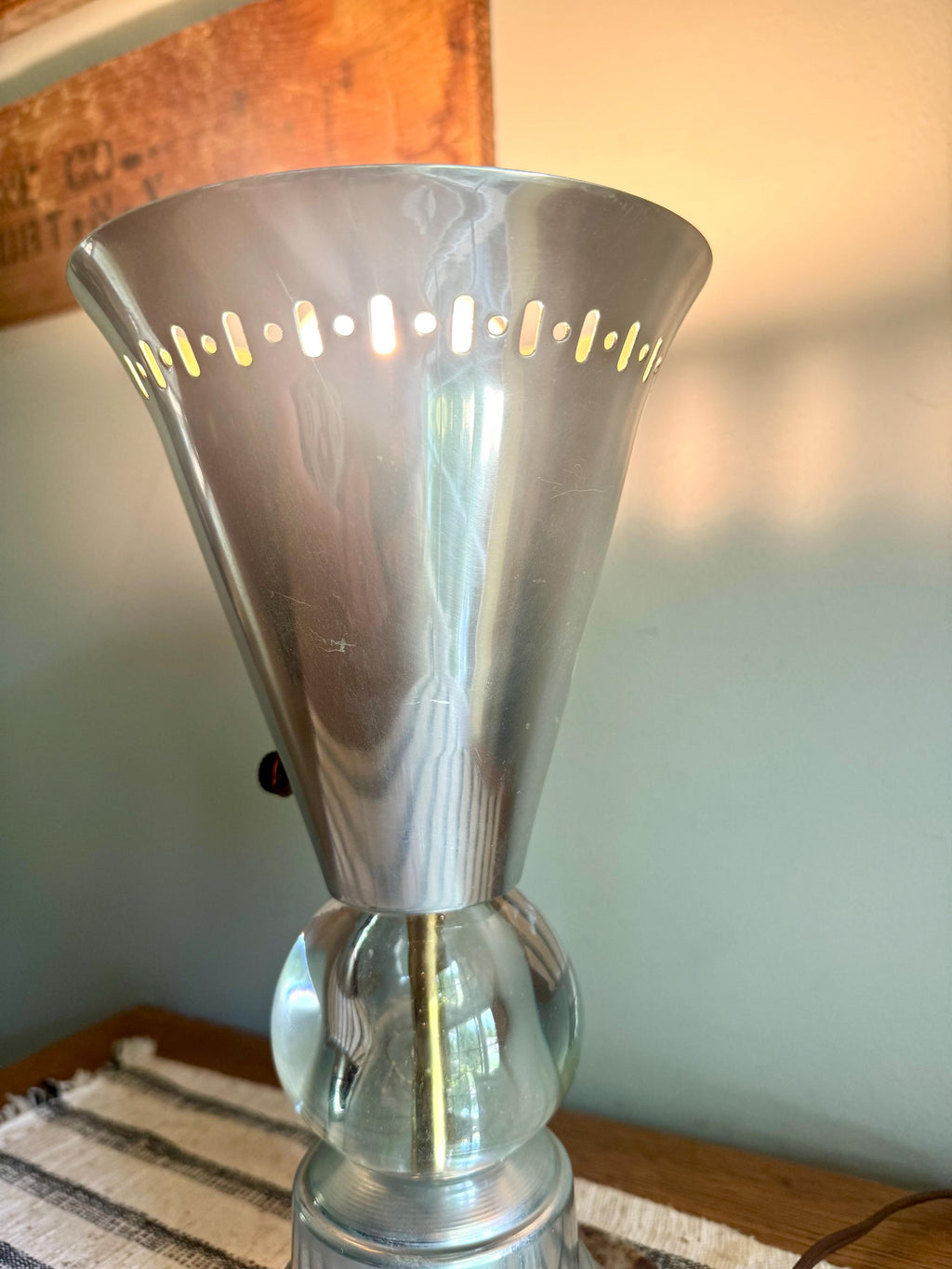 Vintage Aluminum Atomic Boudoir Lamp | Glass Ball Aluminum Torchiere Lamp | Stamped Aluminum Designed Lamp | MCM Torchiere Lamp