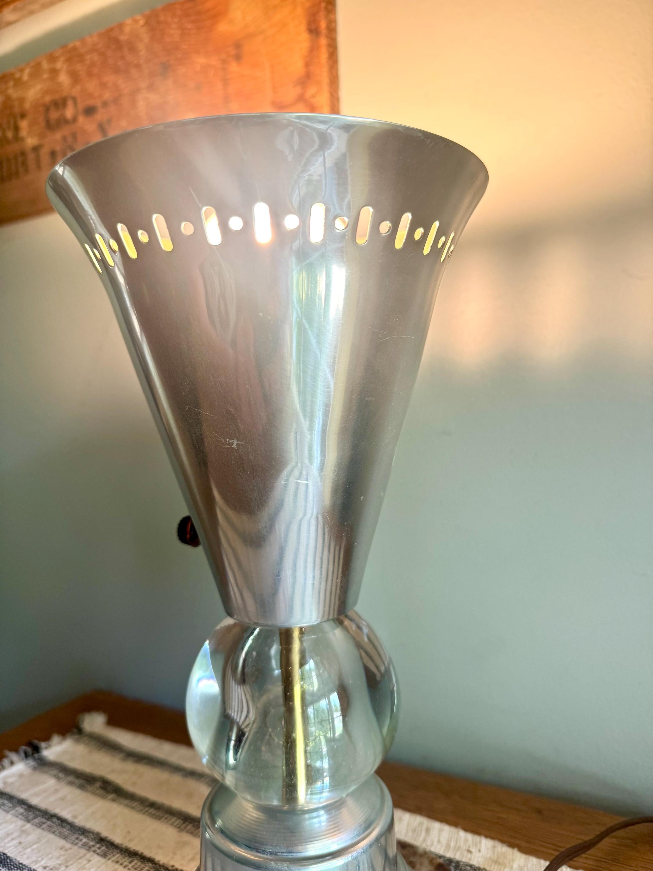 Vintage Aluminum Atomic Boudoir Lamp | Glass Ball Aluminum Torchiere Lamp | Stamped Aluminum Designed Lamp | MCM Torchiere Lamp