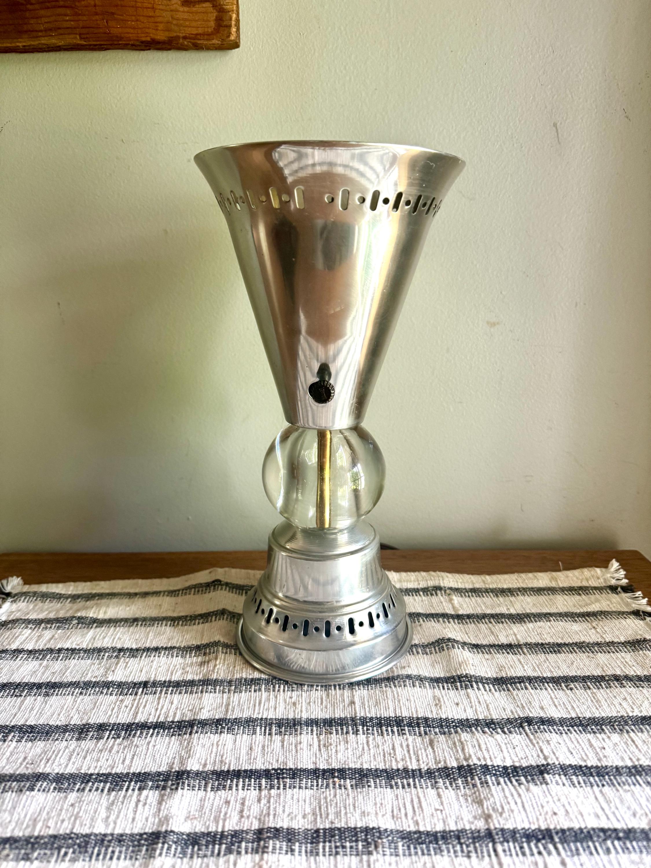 Vintage Aluminum Atomic Boudoir Lamp | Glass Ball Aluminum Torchiere Lamp | Stamped Aluminum Designed Lamp | MCM Torchiere Lamp