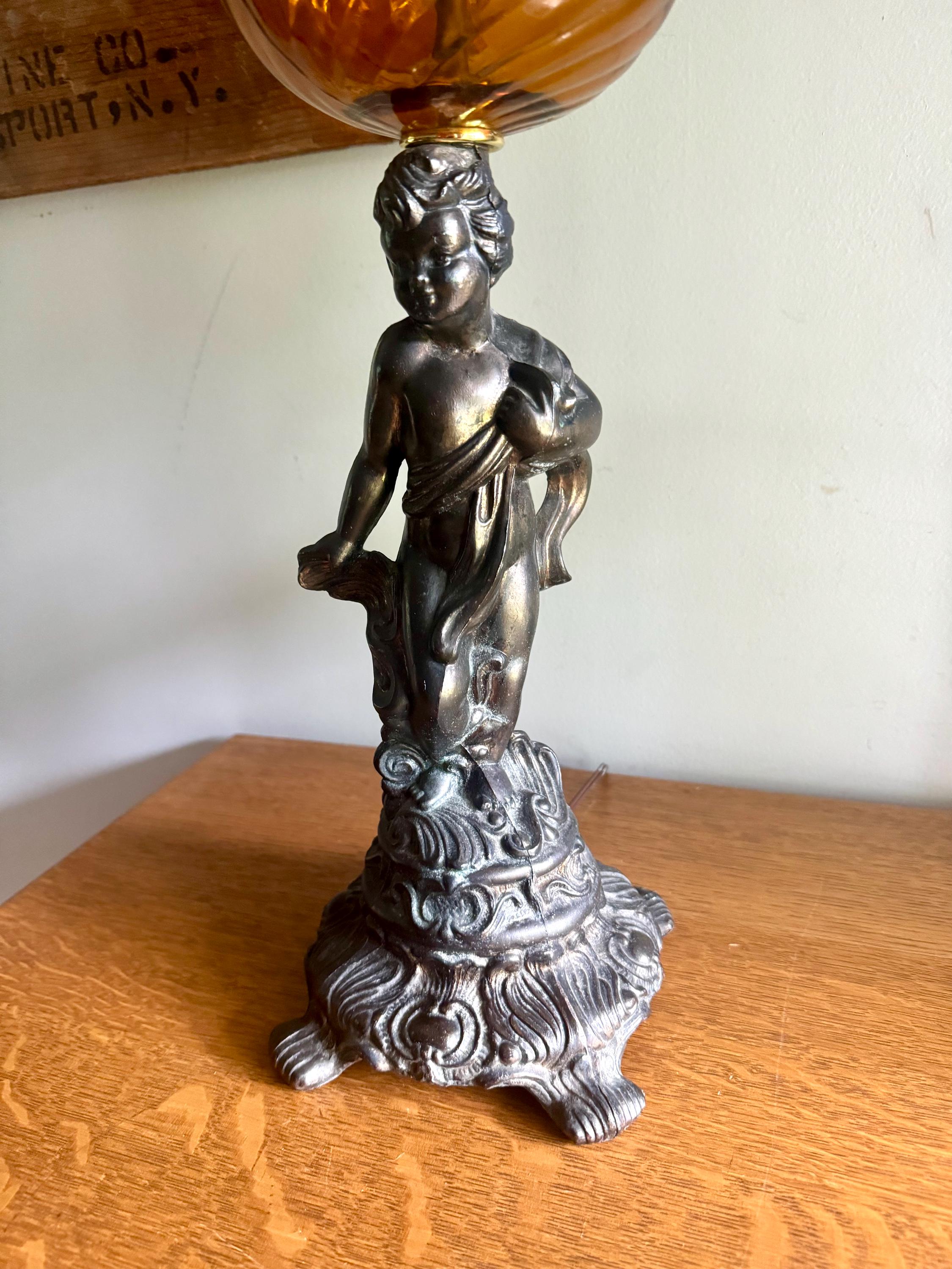 Brass Cherub and Amber Glass Lamp | Vintage Cherub Figurine Lamp | Art Nouveau Cherub Lamp | Hollywood Regency Cherub Lamp