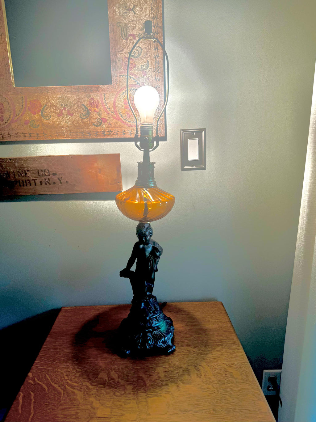 Brass Cherub and Amber Glass Lamp | Vintage Cherub Figurine Lamp | Art Nouveau Cherub Lamp | Hollywood Regency Cherub Lamp