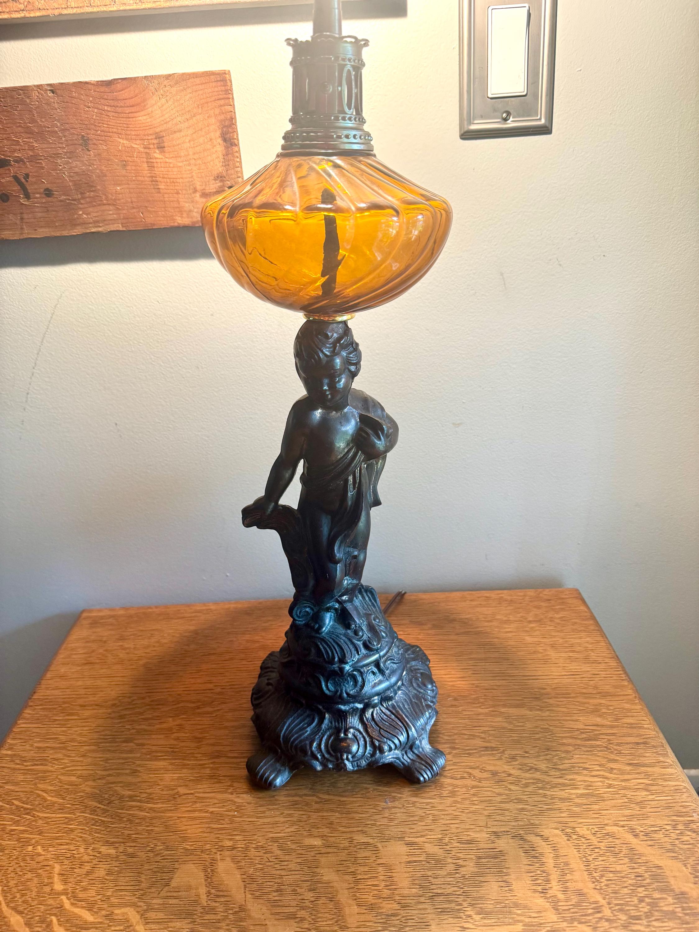 Brass Cherub and Amber Glass Lamp | Vintage Cherub Figurine Lamp | Art Nouveau Cherub Lamp | Hollywood Regency Cherub Lamp