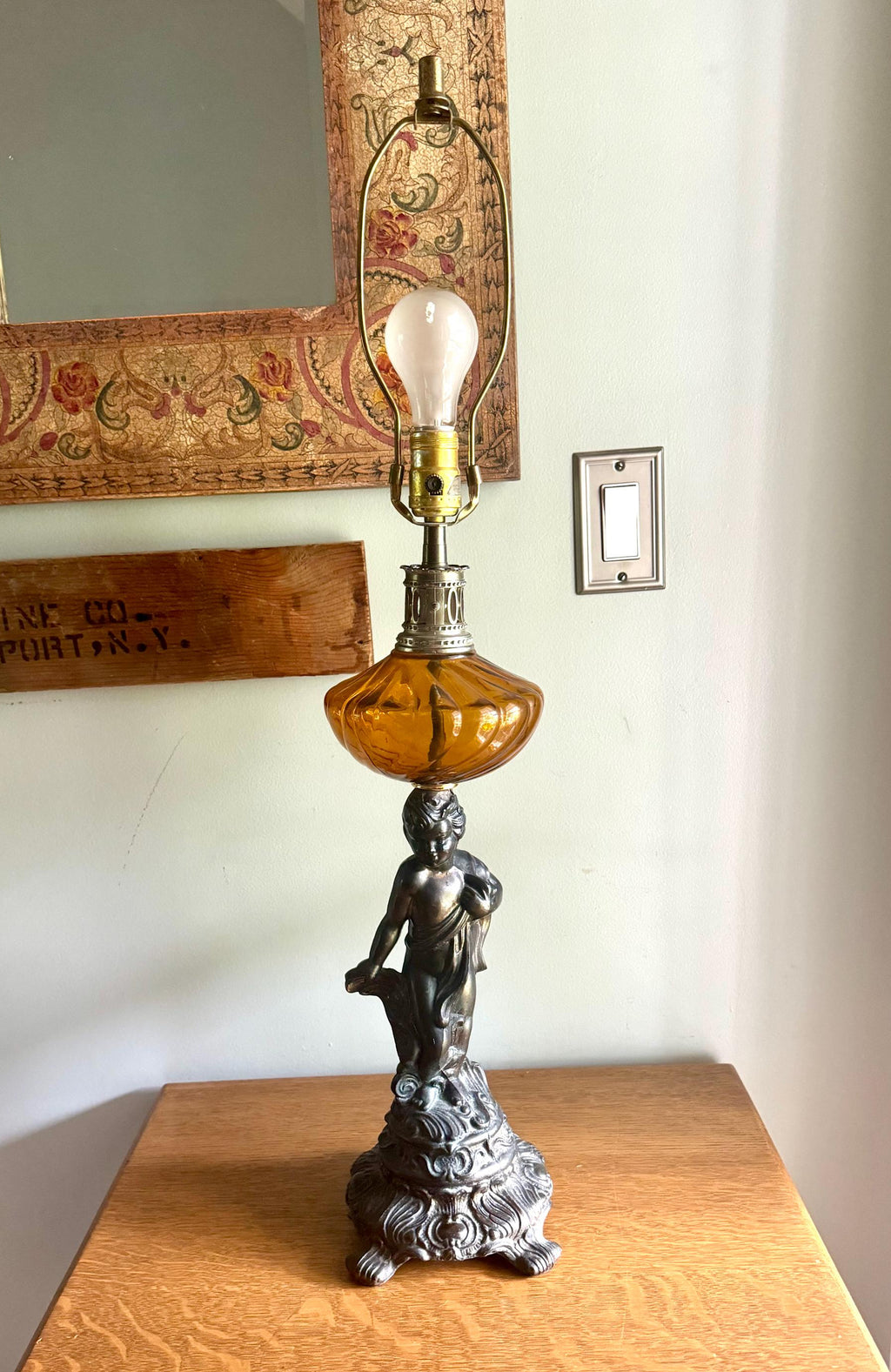 Brass Cherub and Amber Glass Lamp | Vintage Cherub Figurine Lamp | Art Nouveau Cherub Lamp | Hollywood Regency Cherub Lamp
