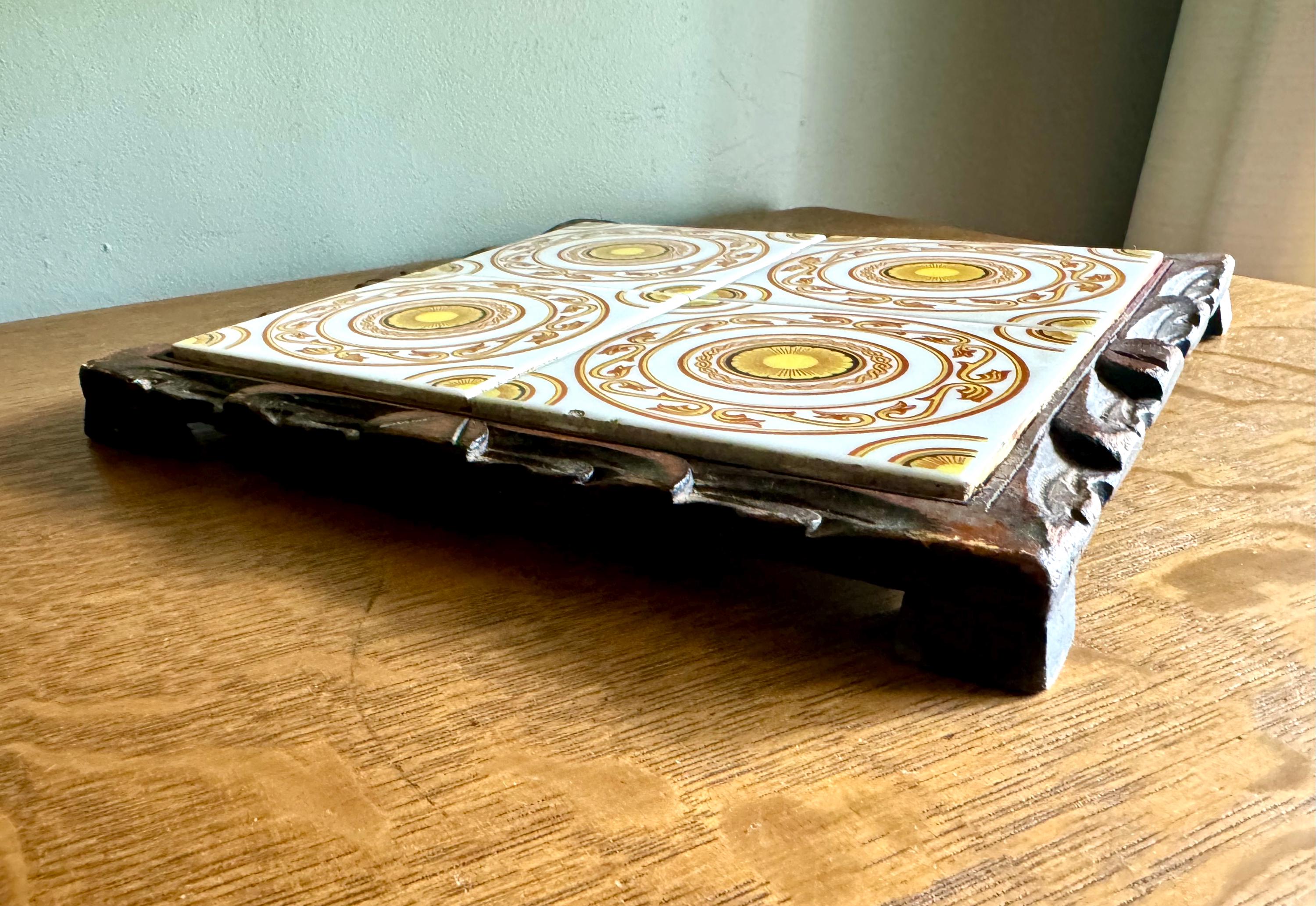 Mexican Tile Square Trivet | Vintage Dal-Tile Tile Trivet Tray | Hand Carved Wood and Mexican Tile Tray | Tile Hot Tray Stand