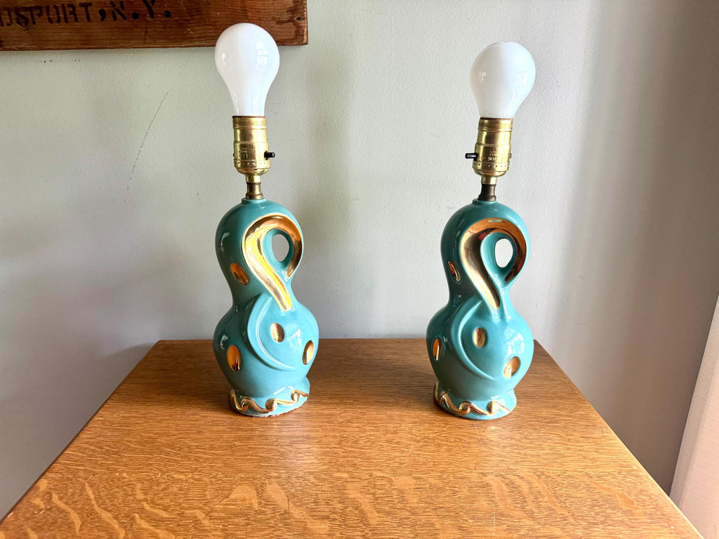 Pair of Small Mid Century Ceramic Lamp | MCM Table Lamps | Vintage Turquoise and Gold Matching Desk Lamps | Art Deco Night Stand Lamps