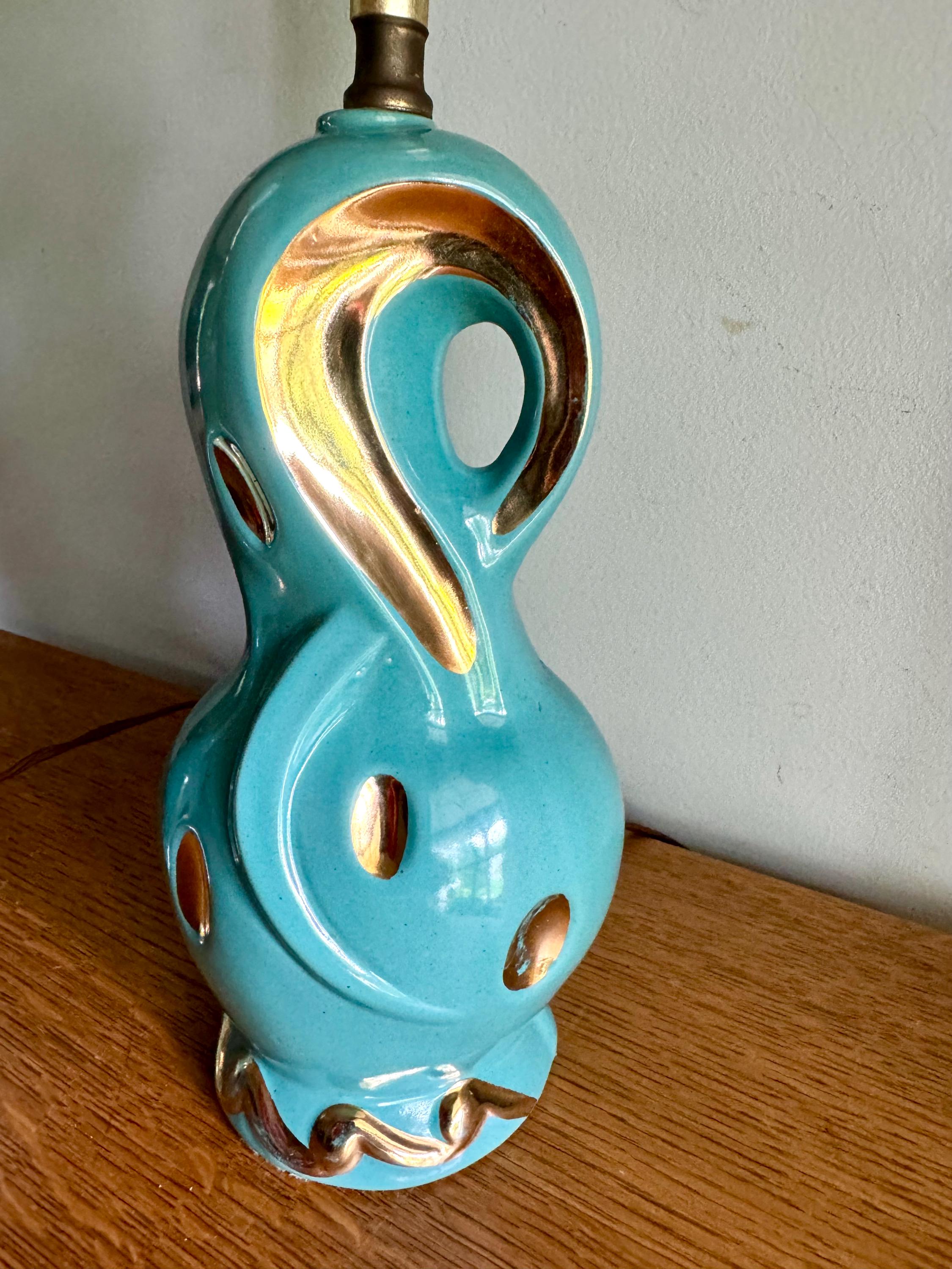 Pair of Small Mid Century Ceramic Lamp | MCM Table Lamps | Vintage Turquoise and Gold Matching Desk Lamps | Art Deco Night Stand Lamps