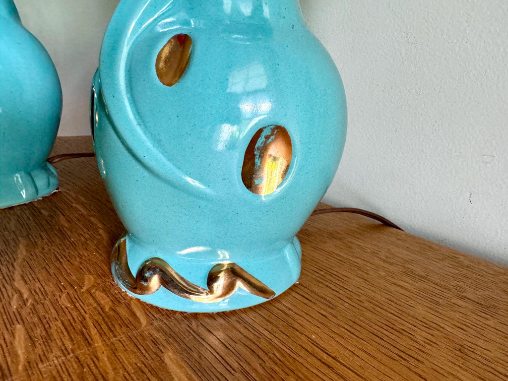 Pair of Small Mid Century Ceramic Lamp | MCM Table Lamps | Vintage Turquoise and Gold Matching Desk Lamps | Art Deco Night Stand Lamps