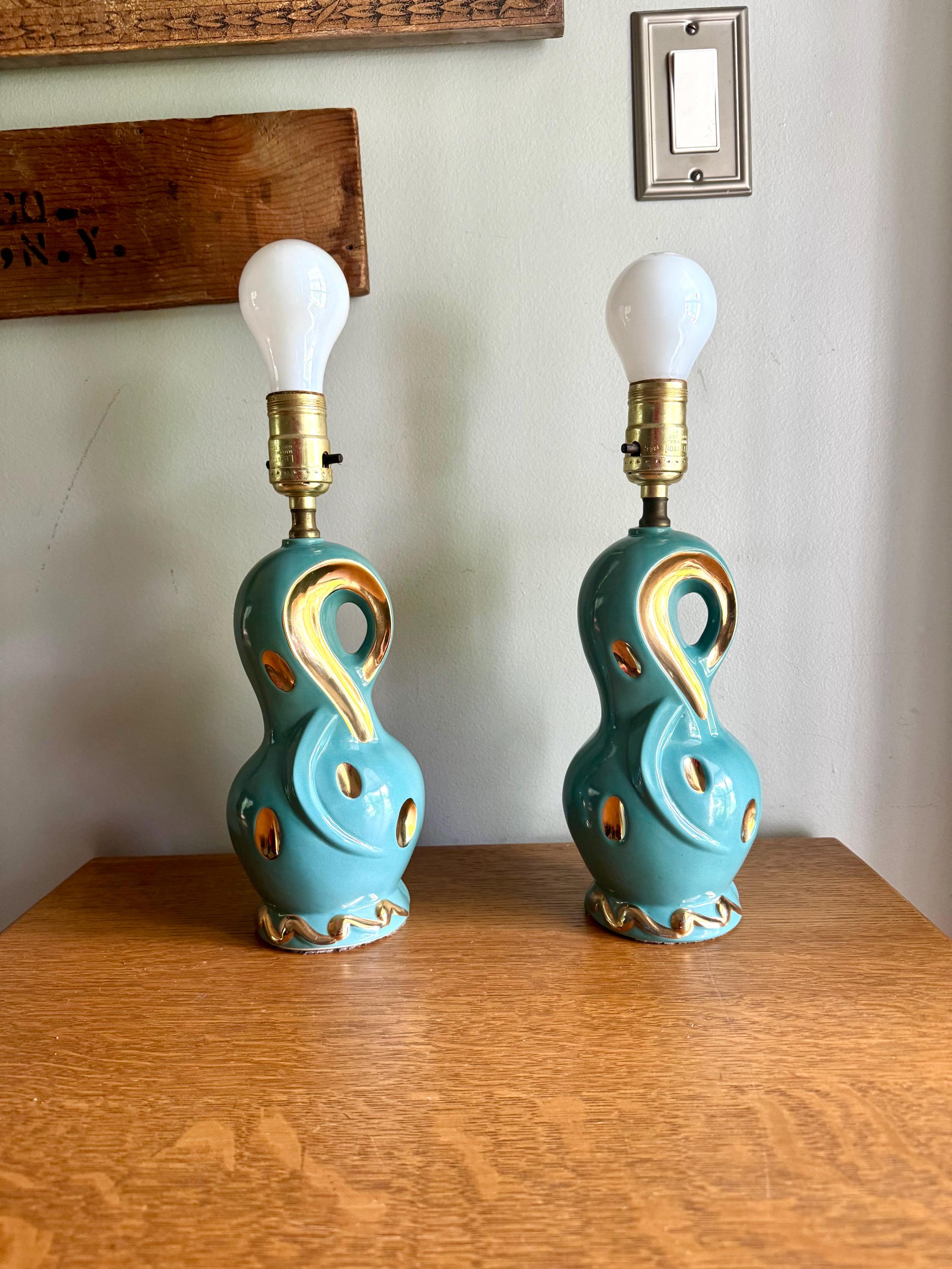 Pair of Small Mid Century Ceramic Lamp | MCM Table Lamps | Vintage Turquoise and Gold Matching Desk Lamps | Art Deco Night Stand Lamps