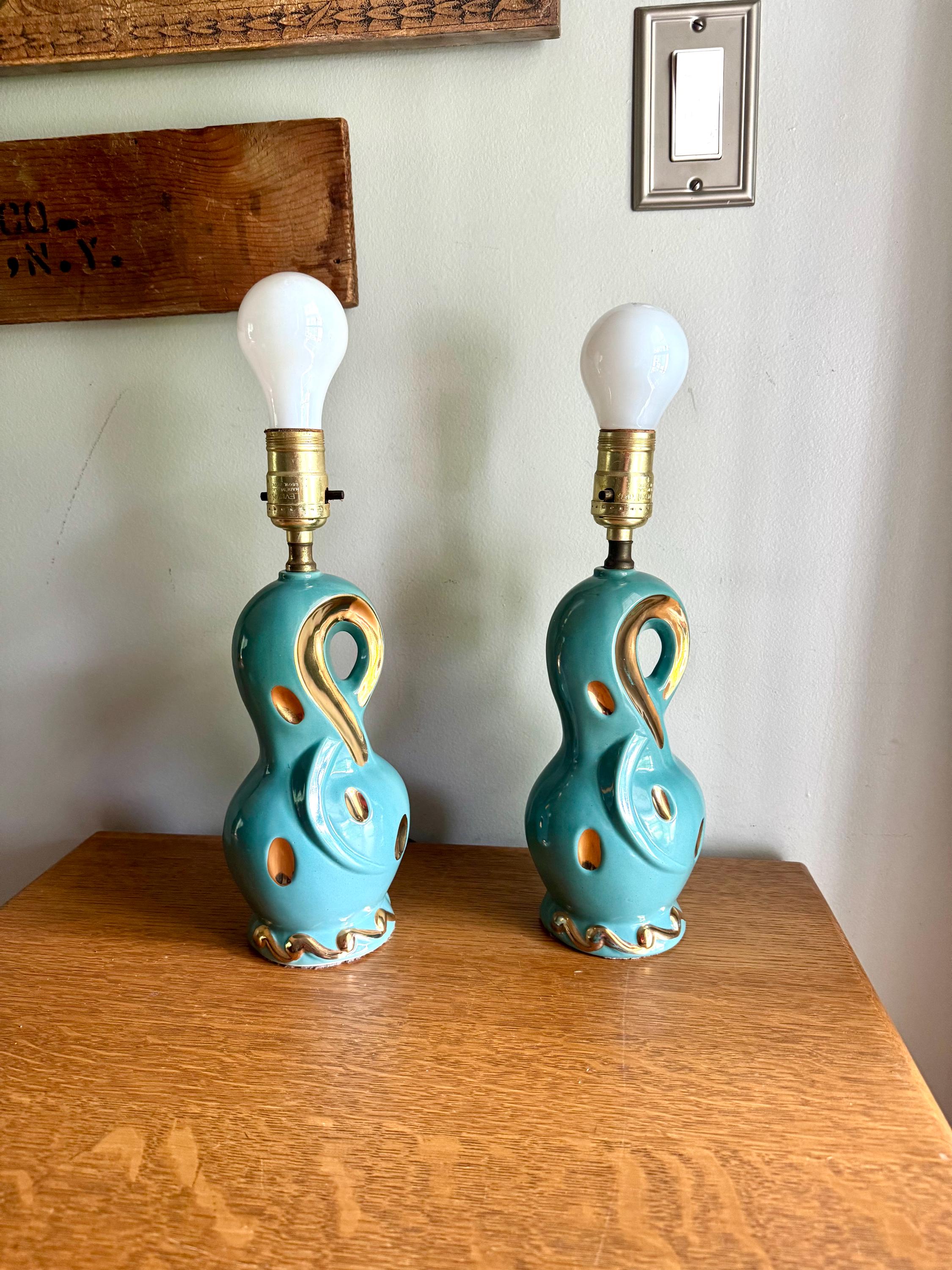 Pair of Small Mid Century Ceramic Lamp | MCM Table Lamps | Vintage Turquoise and Gold Matching Desk Lamps | Art Deco Night Stand Lamps