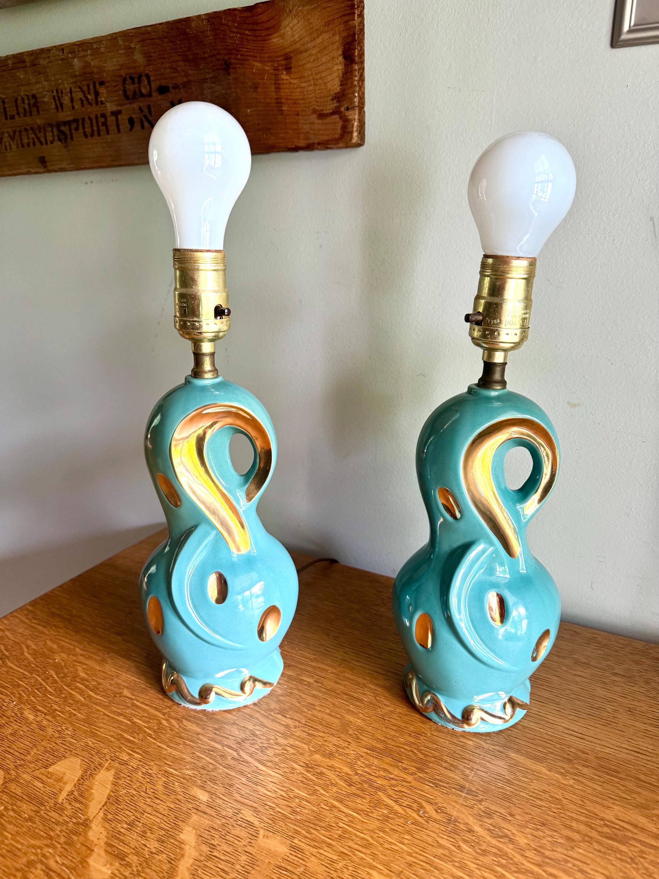 Pair of Small Mid Century Ceramic Lamp | MCM Table Lamps | Vintage Turquoise and Gold Matching Desk Lamps | Art Deco Night Stand Lamps