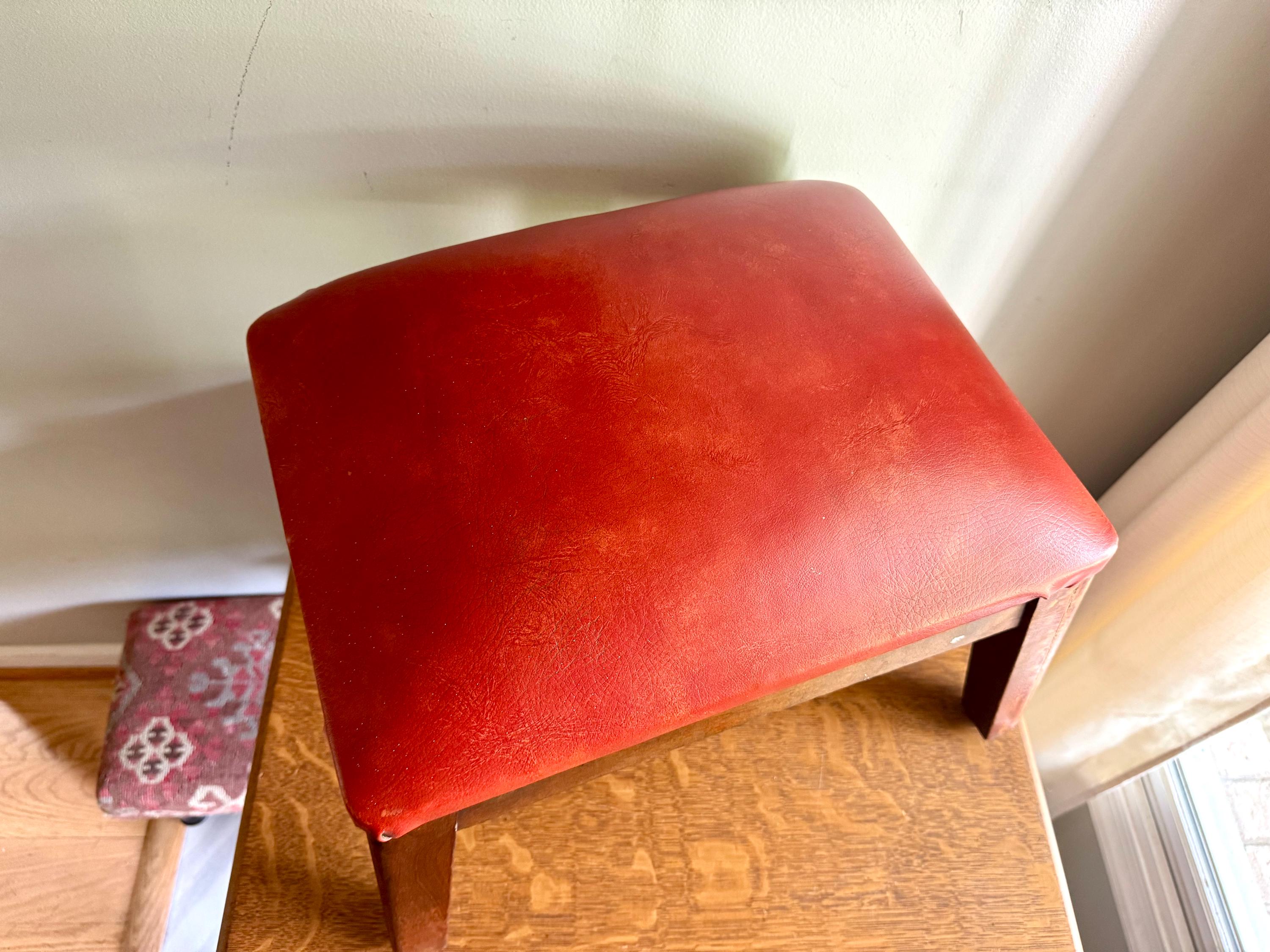 Orange Mid Century Wood Ottoman | Vintage Faux Leather Foot Stool | Rustic Orange Vinyl Ottoman | Distressed Orange Vinyl and Wood Footstool