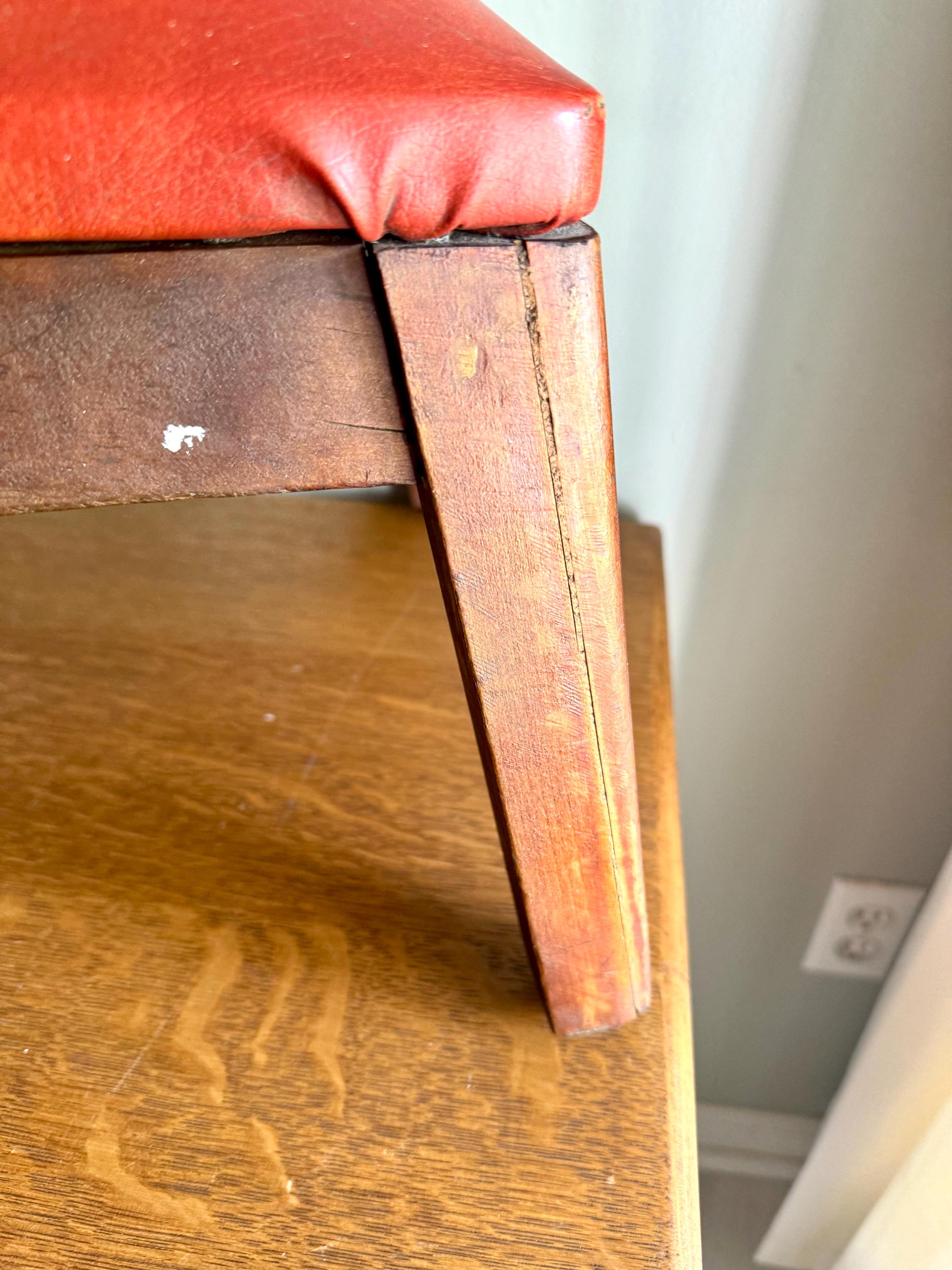 Orange Mid Century Wood Ottoman | Vintage Faux Leather Foot Stool | Rustic Orange Vinyl Ottoman | Distressed Orange Vinyl and Wood Footstool