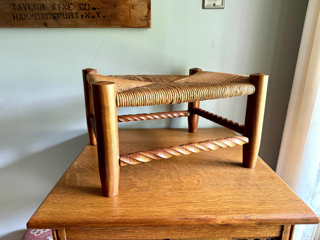 Vintage Wooden Foot Stool | Woven Rush Top Ottoman | Rush Seat Twisted Step Stool | Bohemian Style Foot Stool | Plant Stand | Rustic Stool