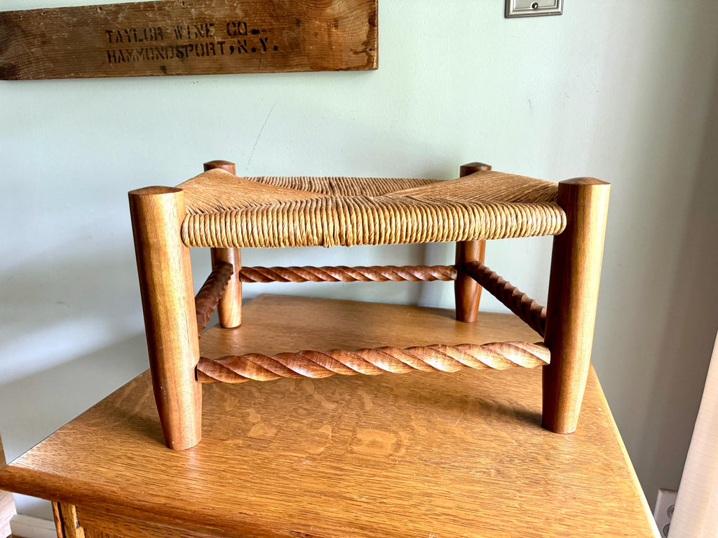 Vintage Wooden Foot Stool | Woven Rush Top Ottoman | Rush Seat Twisted Step Stool | Bohemian Style Foot Stool | Plant Stand | Rustic Stool