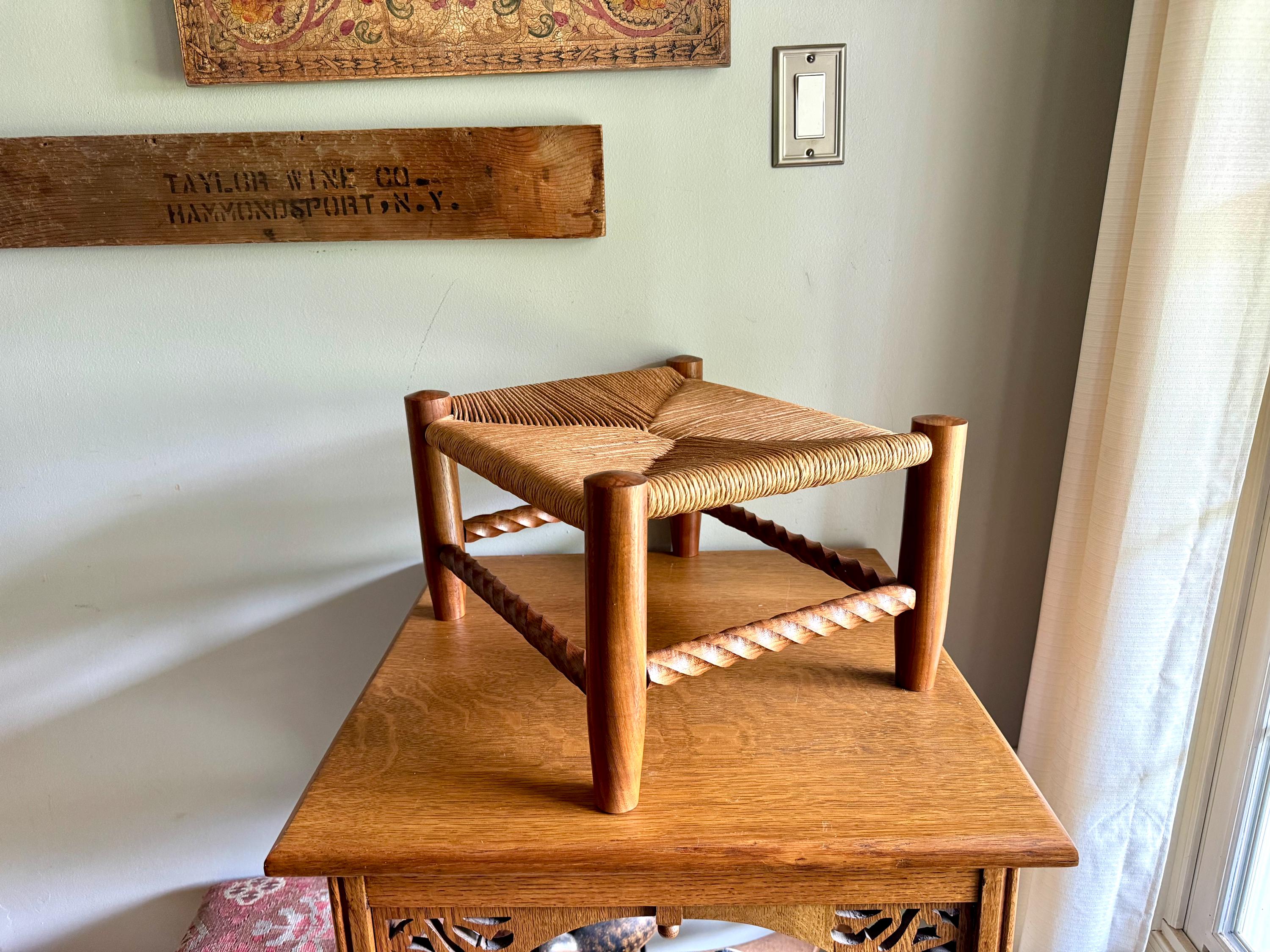 Vintage Wooden Foot Stool | Woven Rush Top Ottoman | Rush Seat Twisted Step Stool | Bohemian Style Foot Stool | Plant Stand | Rustic Stool