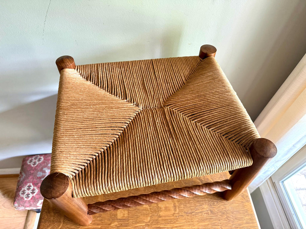 Vintage Wooden Foot Stool | Woven Rush Top Ottoman | Rush Seat Twisted Step Stool | Bohemian Style Foot Stool | Plant Stand | Rustic Stool