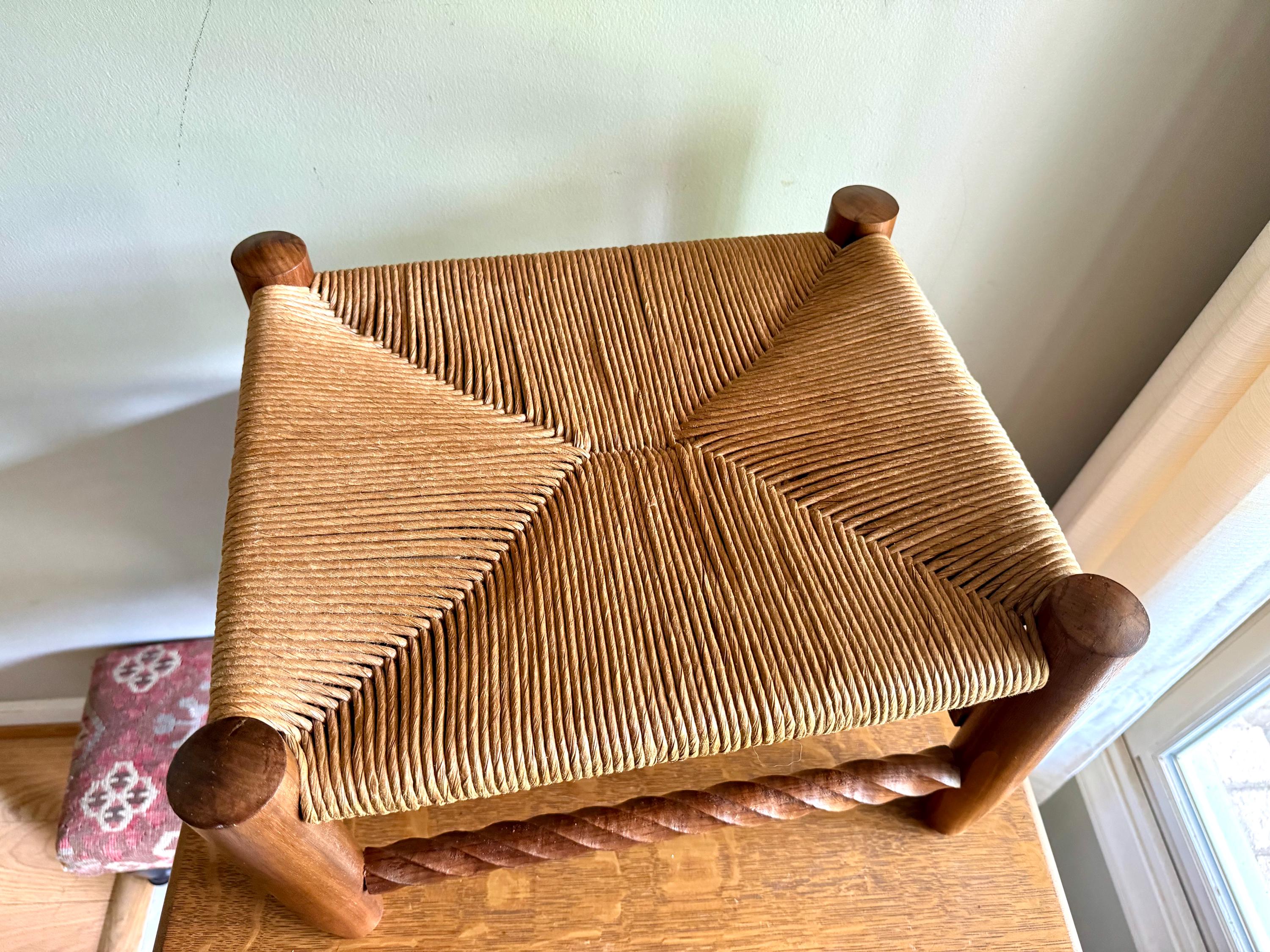 Vintage Wooden Foot Stool | Woven Rush Top Ottoman | Rush Seat Twisted Step Stool | Bohemian Style Foot Stool | Plant Stand | Rustic Stool