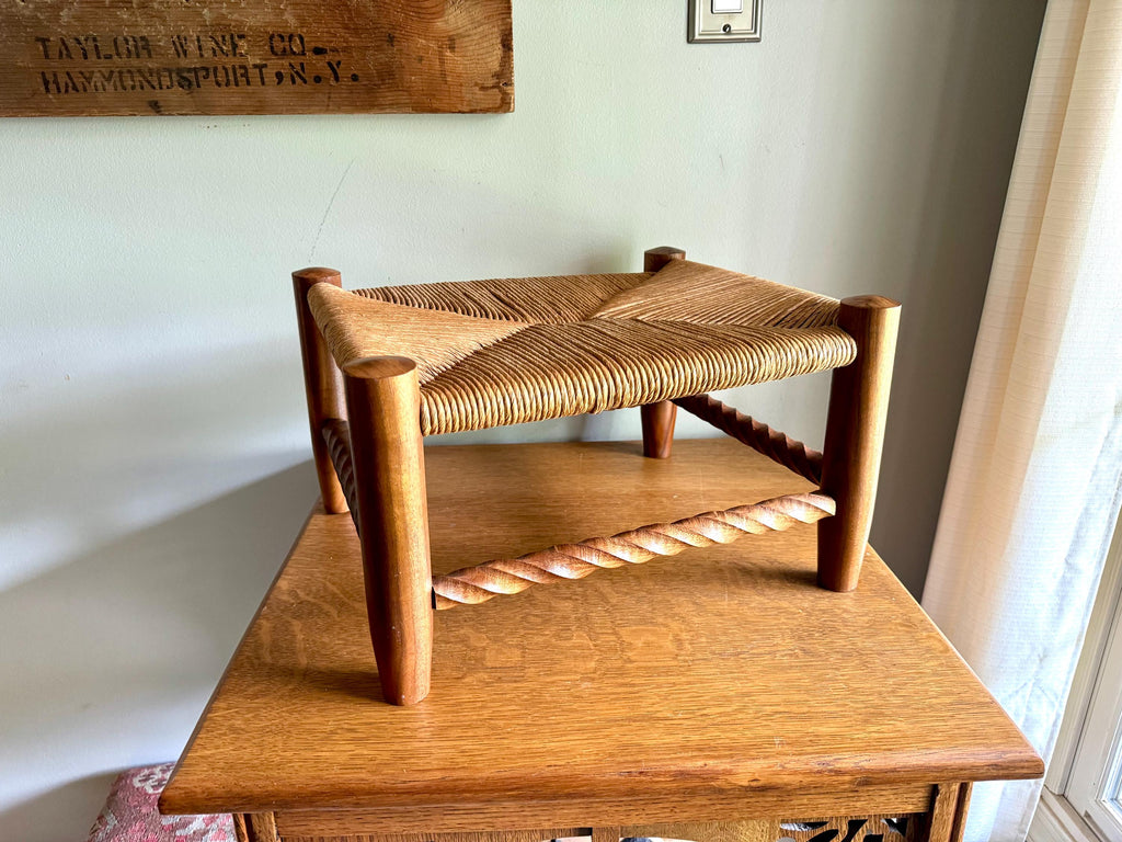 Vintage Wooden Foot Stool | Woven Rush Top Ottoman | Rush Seat Twisted Step Stool | Bohemian Style Foot Stool | Plant Stand | Rustic Stool