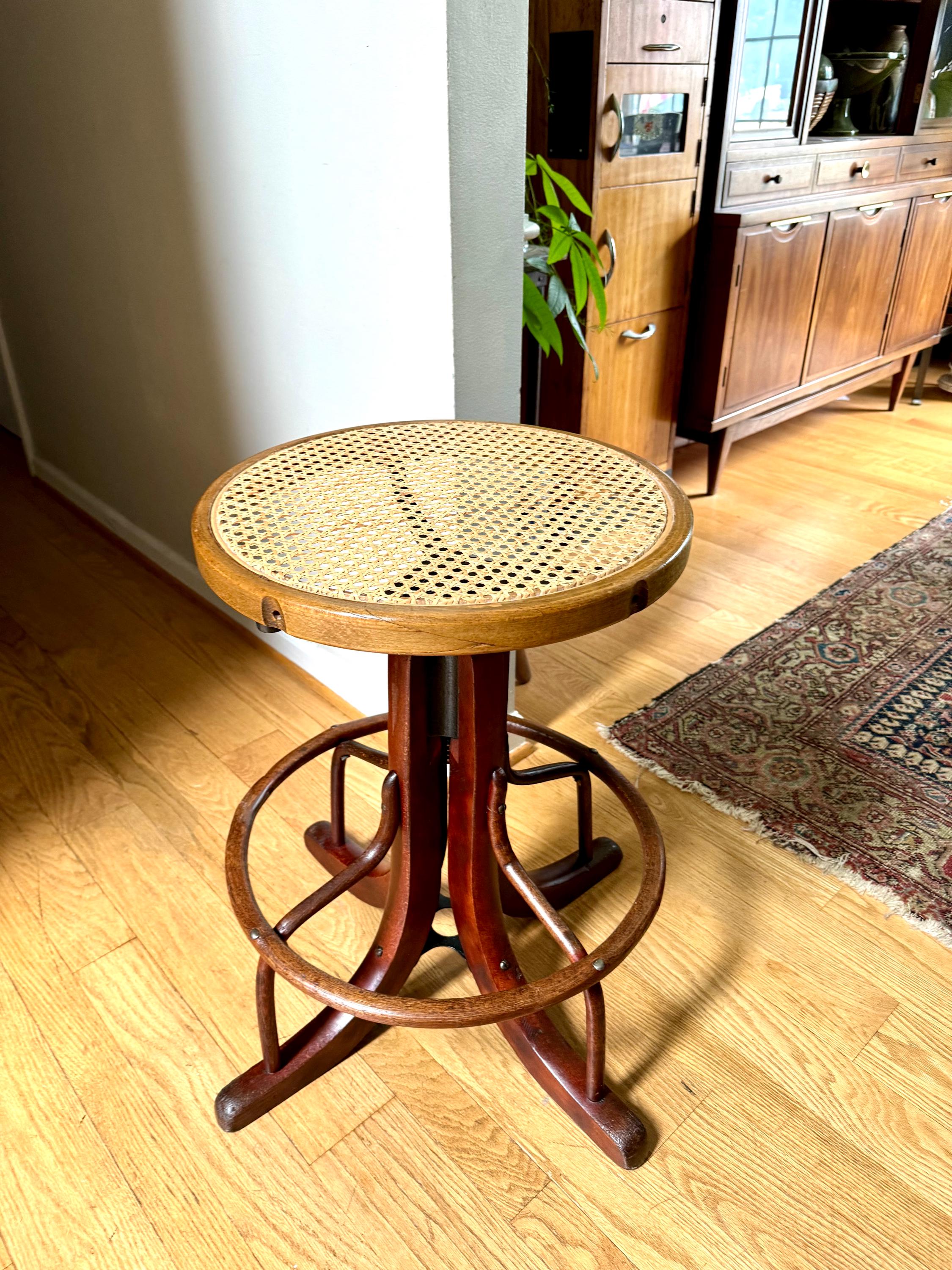 Antique Wood and Cast Iron Adjustable Stool| Bentwood Swivel Caned Top Stool| Wooden Drafting Stool | Adjustable Operators Switchboard Stool