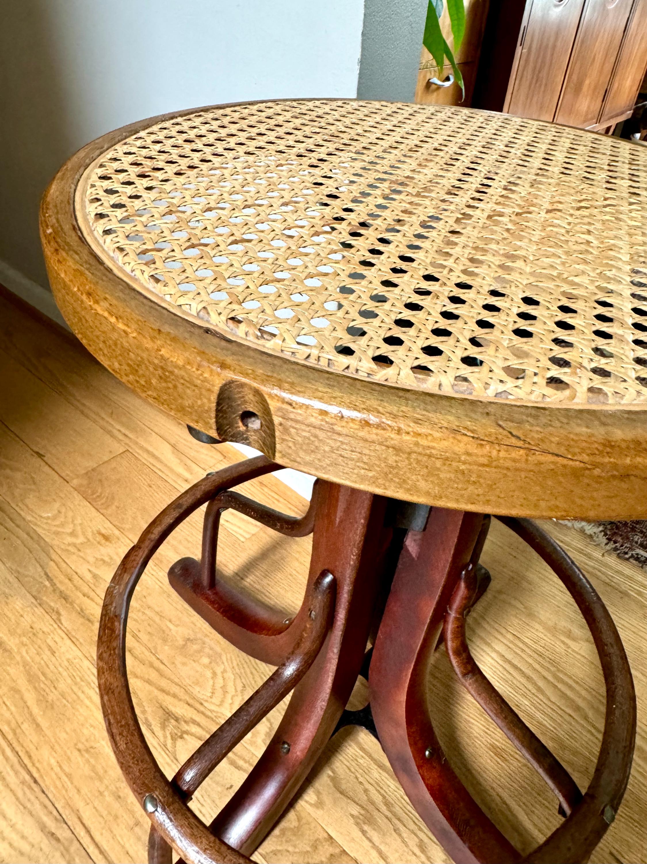 Antique Wood and Cast Iron Adjustable Stool| Bentwood Swivel Caned Top Stool| Wooden Drafting Stool | Adjustable Operators Switchboard Stool