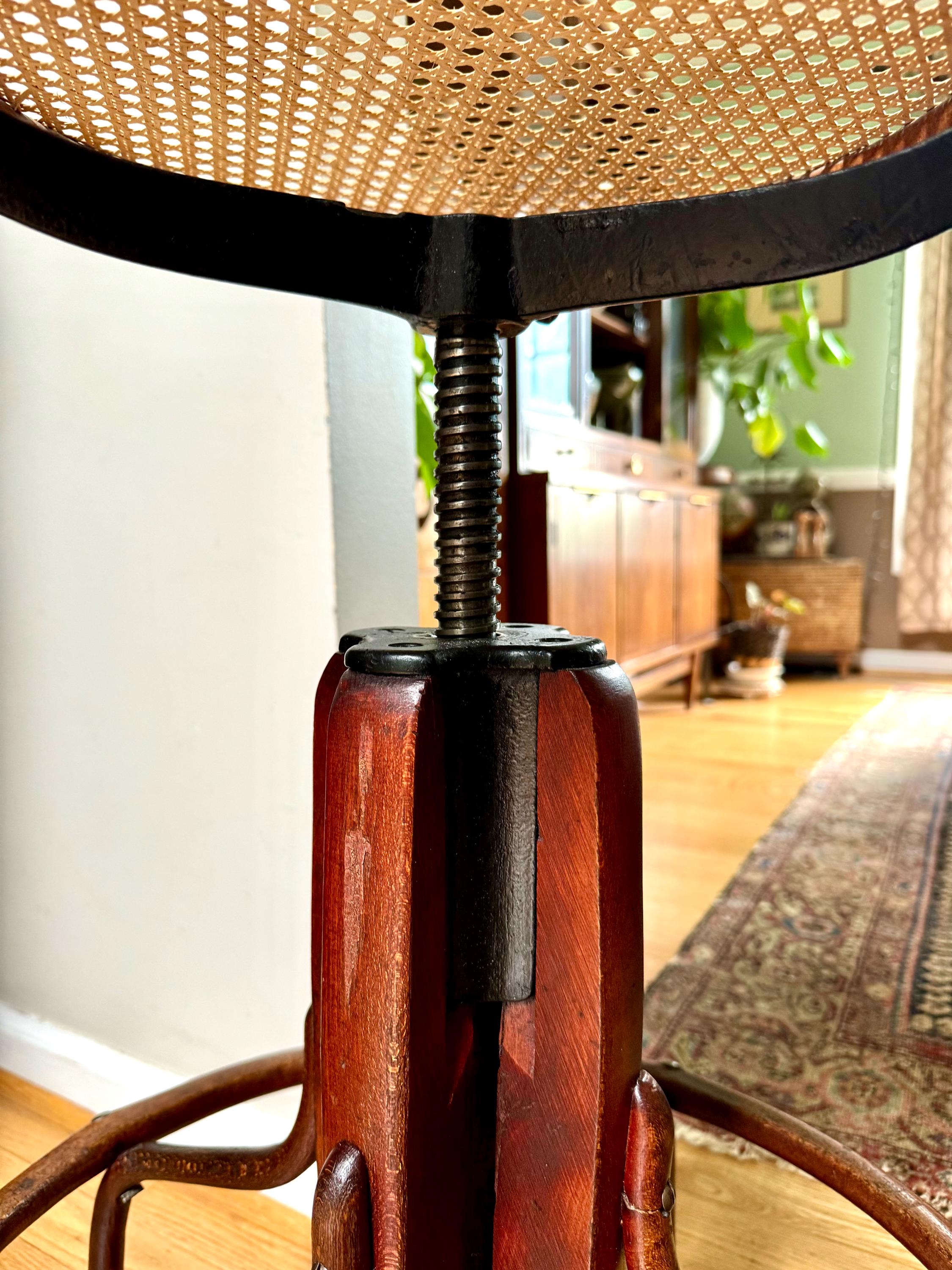 Antique Wood and Cast Iron Adjustable Stool| Bentwood Swivel Caned Top Stool| Wooden Drafting Stool | Adjustable Operators Switchboard Stool
