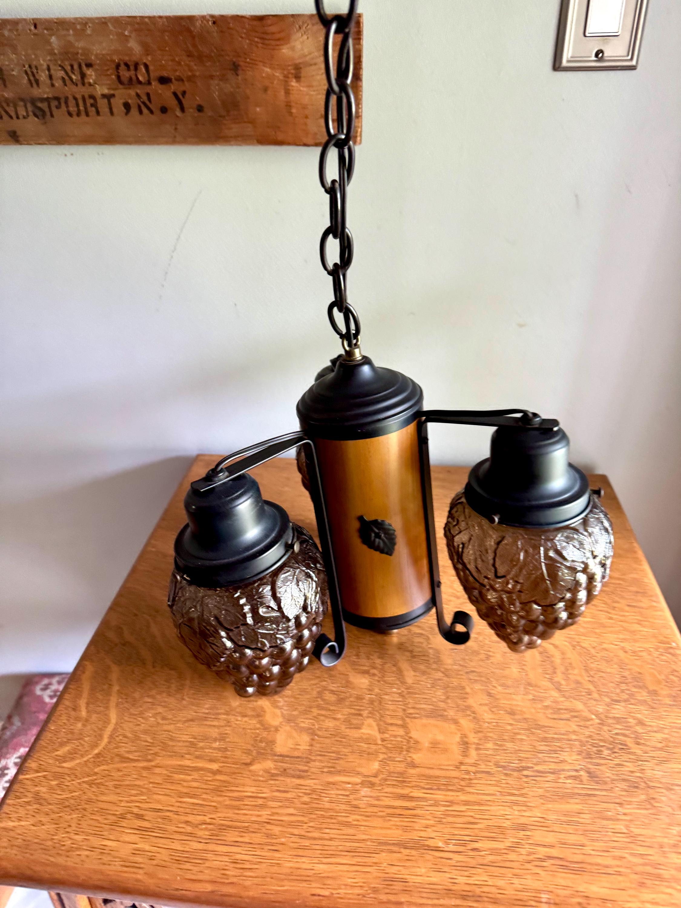 Vintage Grape Cluster Glass Globe Chandelier | 3 Bulb Pendant Lamp | Vineyard Themed Chandelier Lamp | Winery Decor Chandelier Lamp