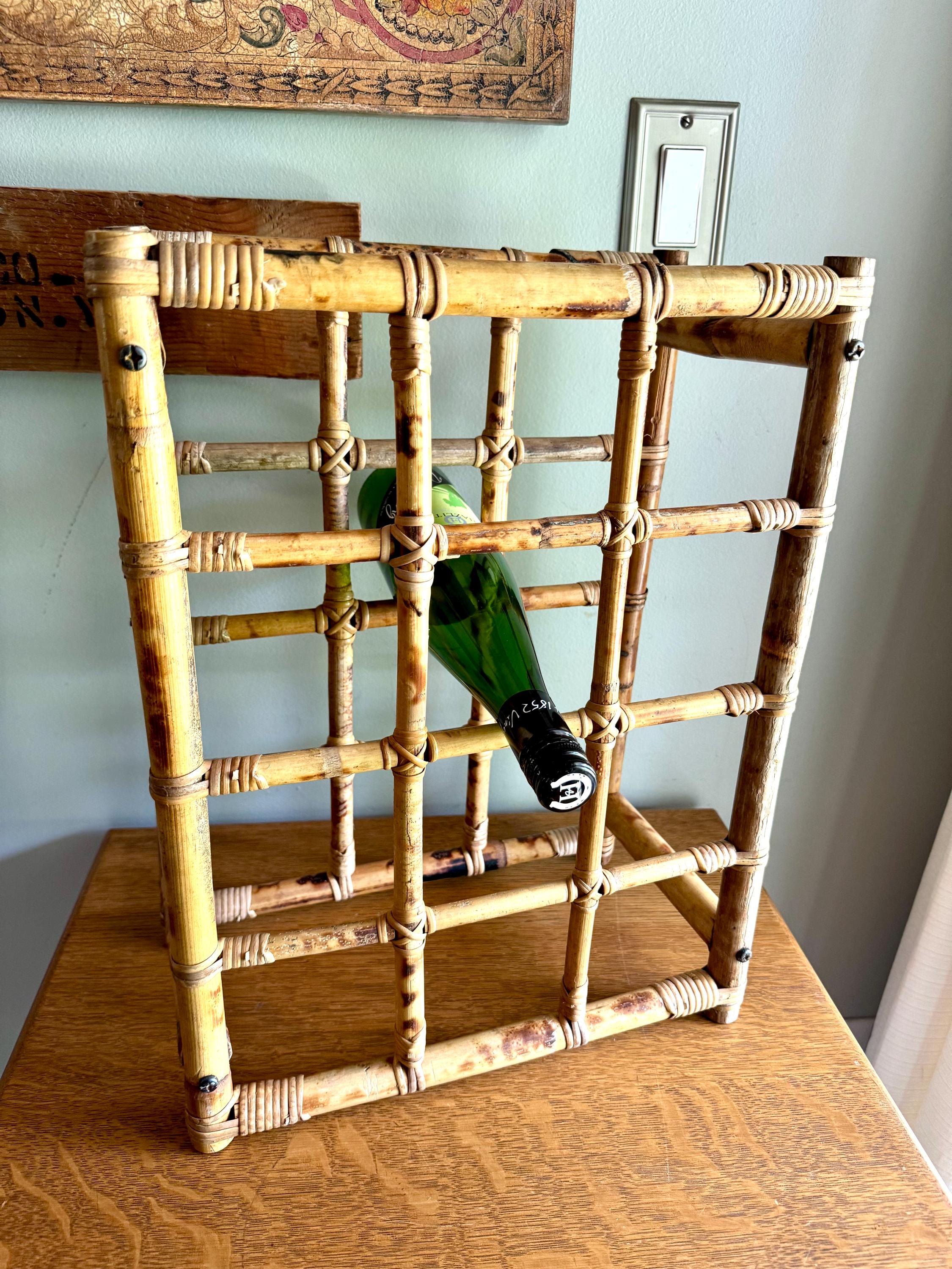 Vintage Bamboo Rattan Wicker Wine Rack | Bamboo Wine Bottle Rack | Mid Century Wine Rack | Bohemian Bamboo Rack | Tiki Bar Bottle Rack