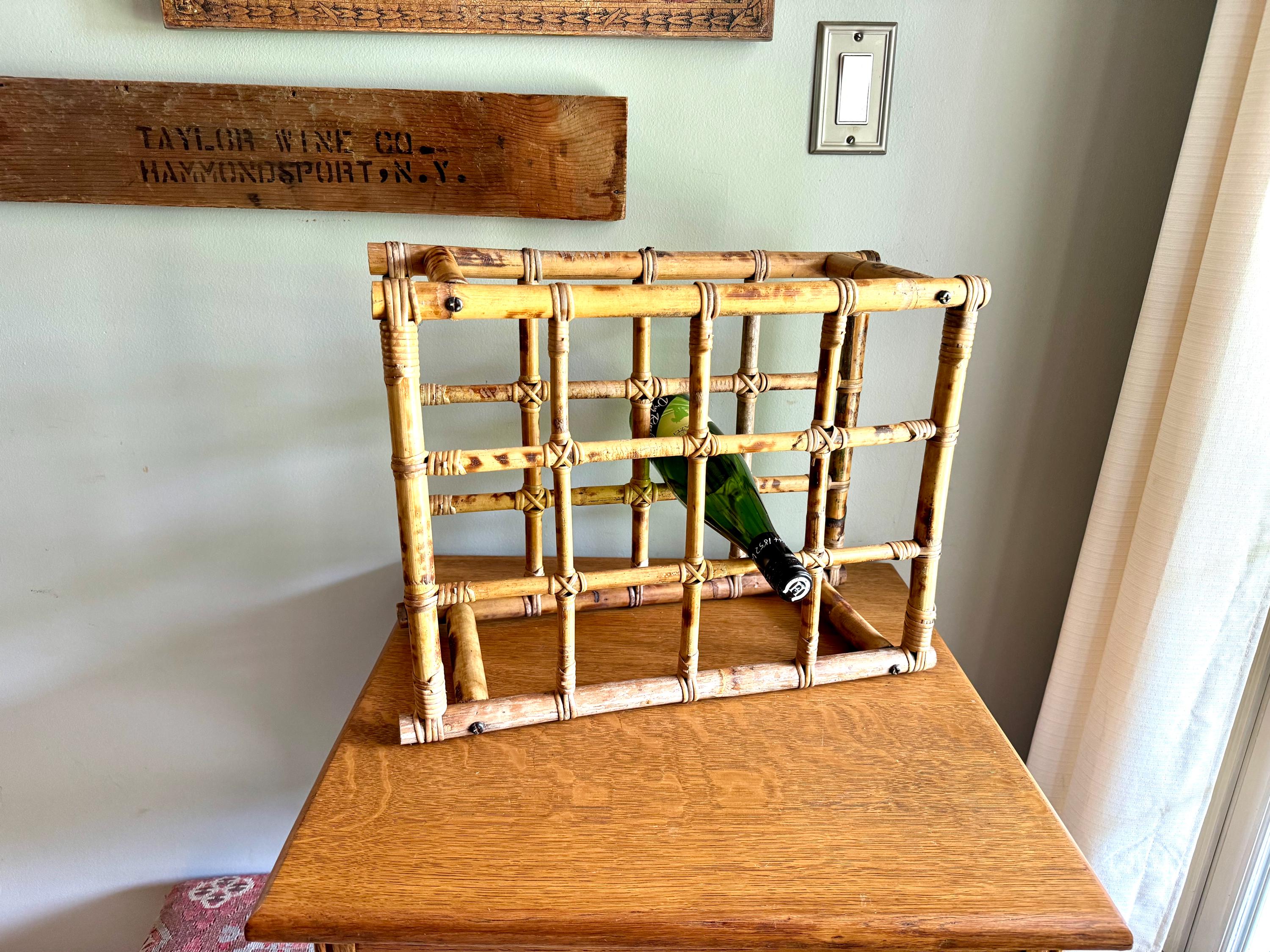 Vintage Bamboo Rattan Wicker Wine Rack | Bamboo Wine Bottle Rack | Mid Century Wine Rack | Bohemian Bamboo Rack | Tiki Bar Bottle Rack