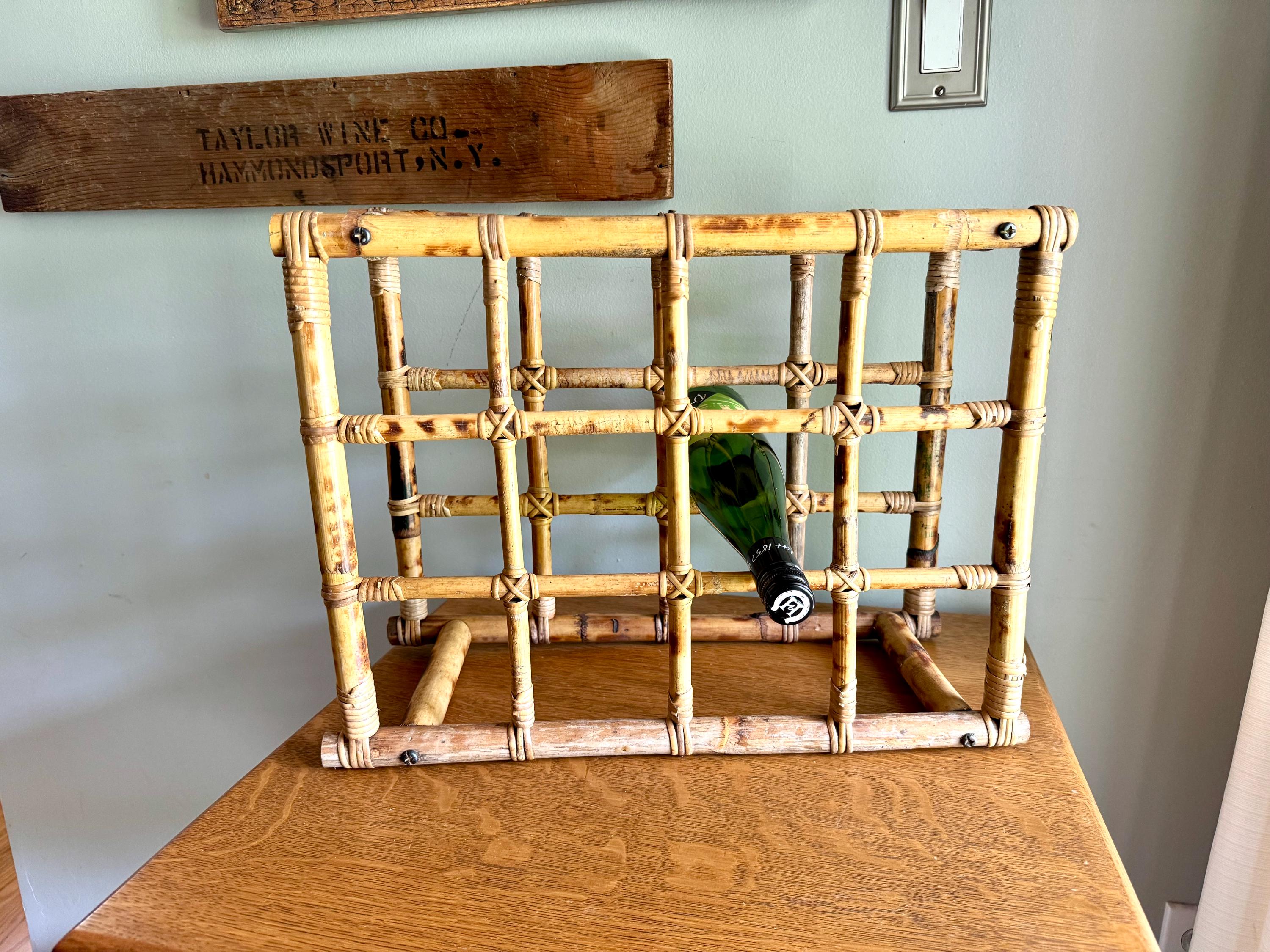 Vintage Bamboo Rattan Wicker Wine Rack | Bamboo Wine Bottle Rack | Mid Century Wine Rack | Bohemian Bamboo Rack | Tiki Bar Bottle Rack