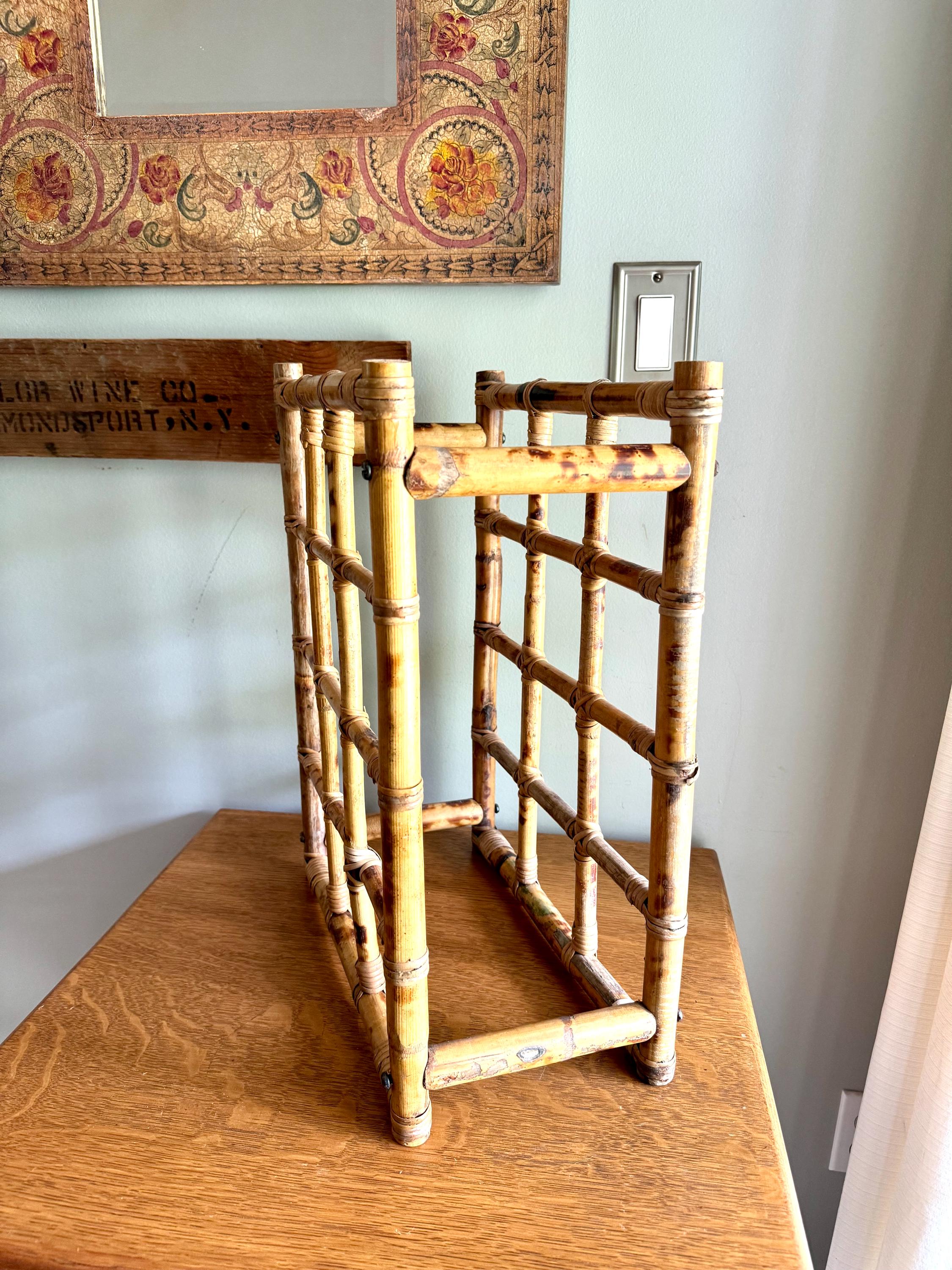 Vintage Bamboo Rattan Wicker Wine Rack | Bamboo Wine Bottle Rack | Mid Century Wine Rack | Bohemian Bamboo Rack | Tiki Bar Bottle Rack