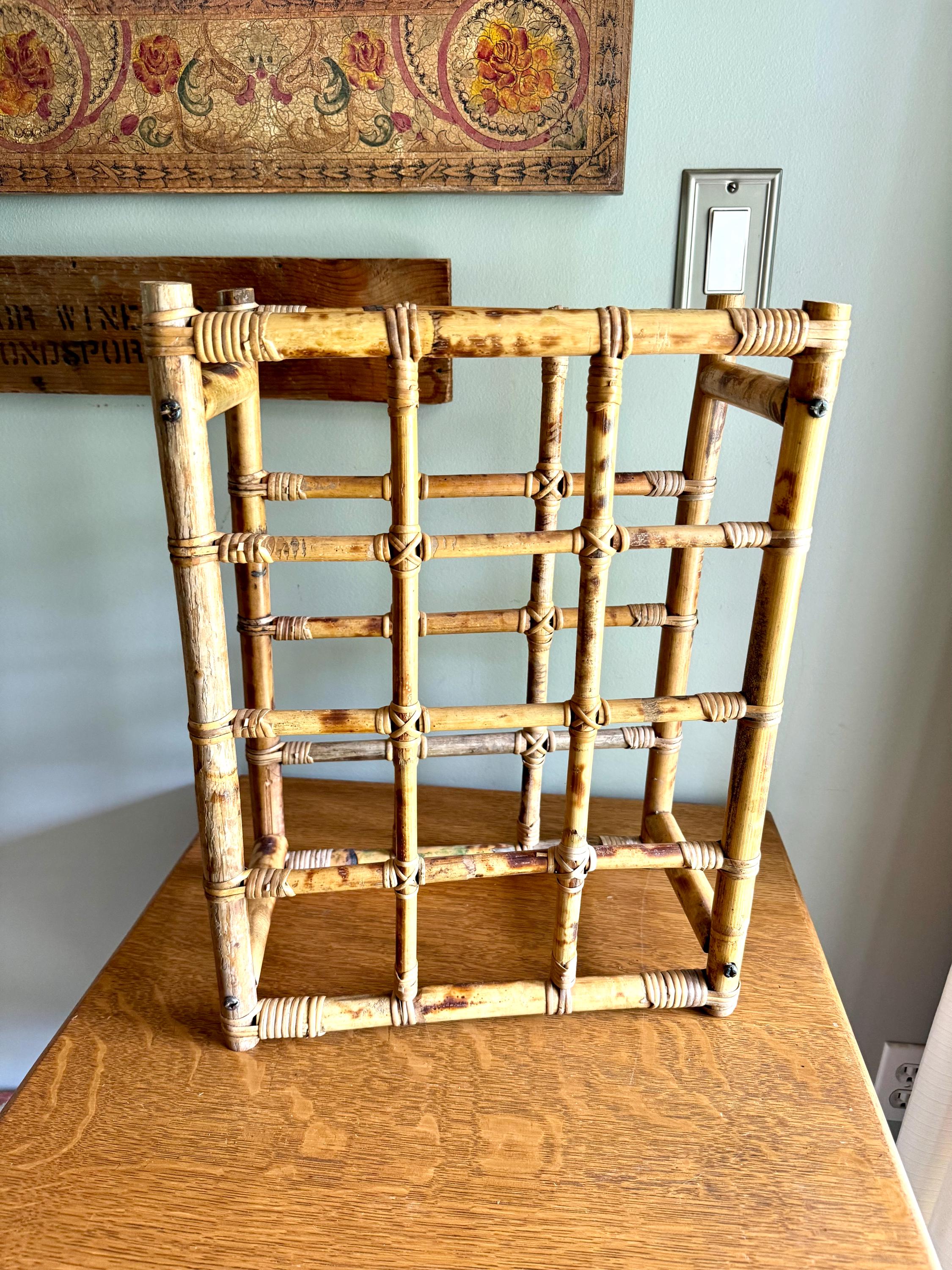 Vintage Bamboo Rattan Wicker Wine Rack | Bamboo Wine Bottle Rack | Mid Century Wine Rack | Bohemian Bamboo Rack | Tiki Bar Bottle Rack