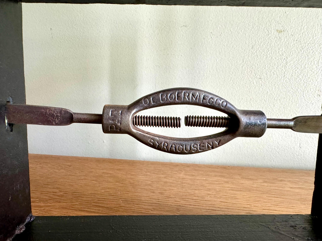 Antique Deboer Mfg. Bed Rail Clamp Block | Deboer Dovetailed Wood Block Clamp | Primitive Bed Frame Tightener | Stamped Bedstead Turnbuckle