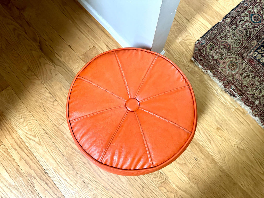 Mid Century Ottoman | Retro Faux Leather Foot Stool | Orange Vinyl Ottoman | Orange Round Ottoman | Large Round Ottoman | MCM Decor
