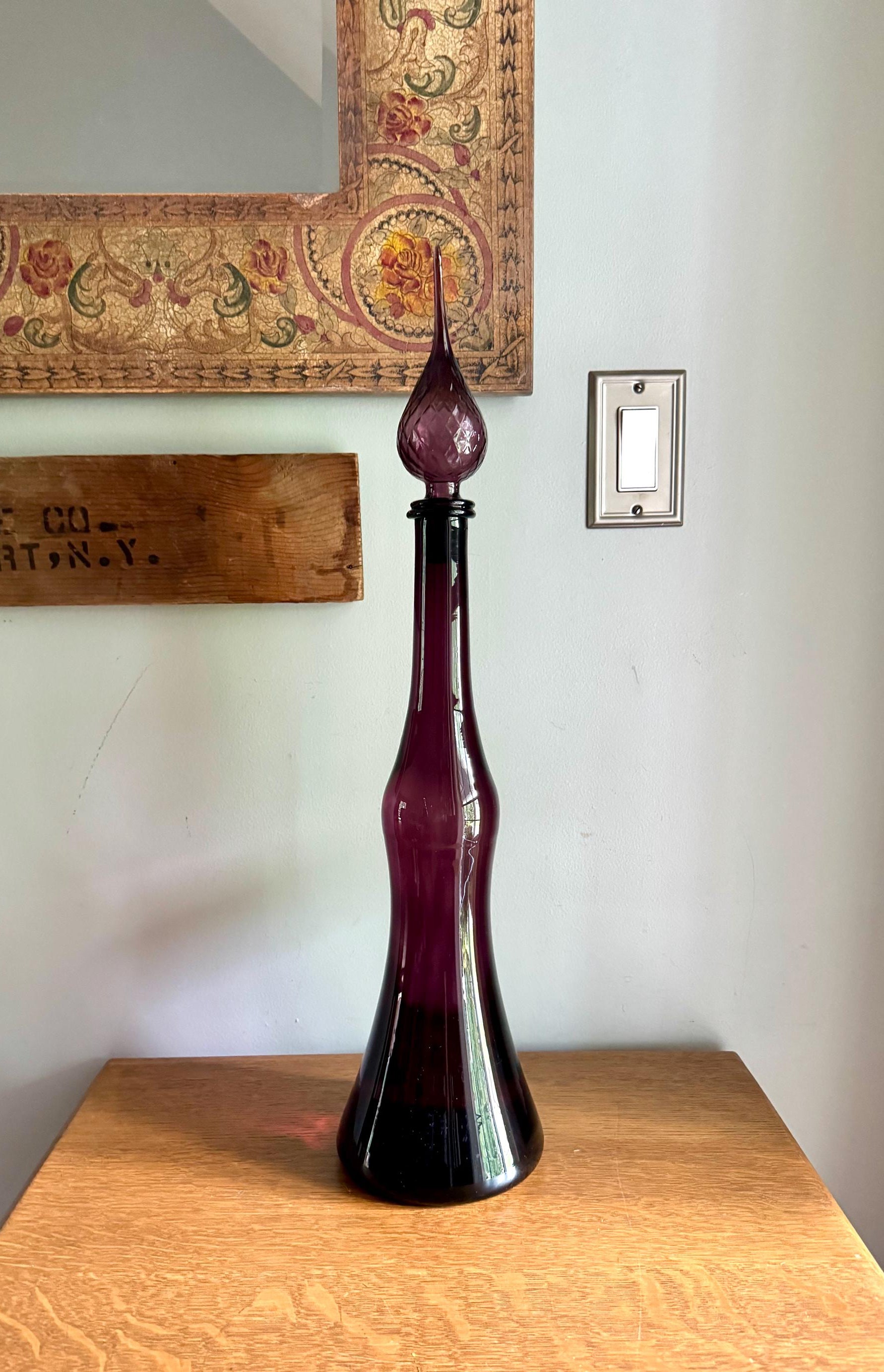 Large Amethyst Empoli Glass Bottle | Deep Purple Italian Glass Decanter | 24 1/2" Genie Bottle Amethyst Bohemian Style Bottle | Boho Decor