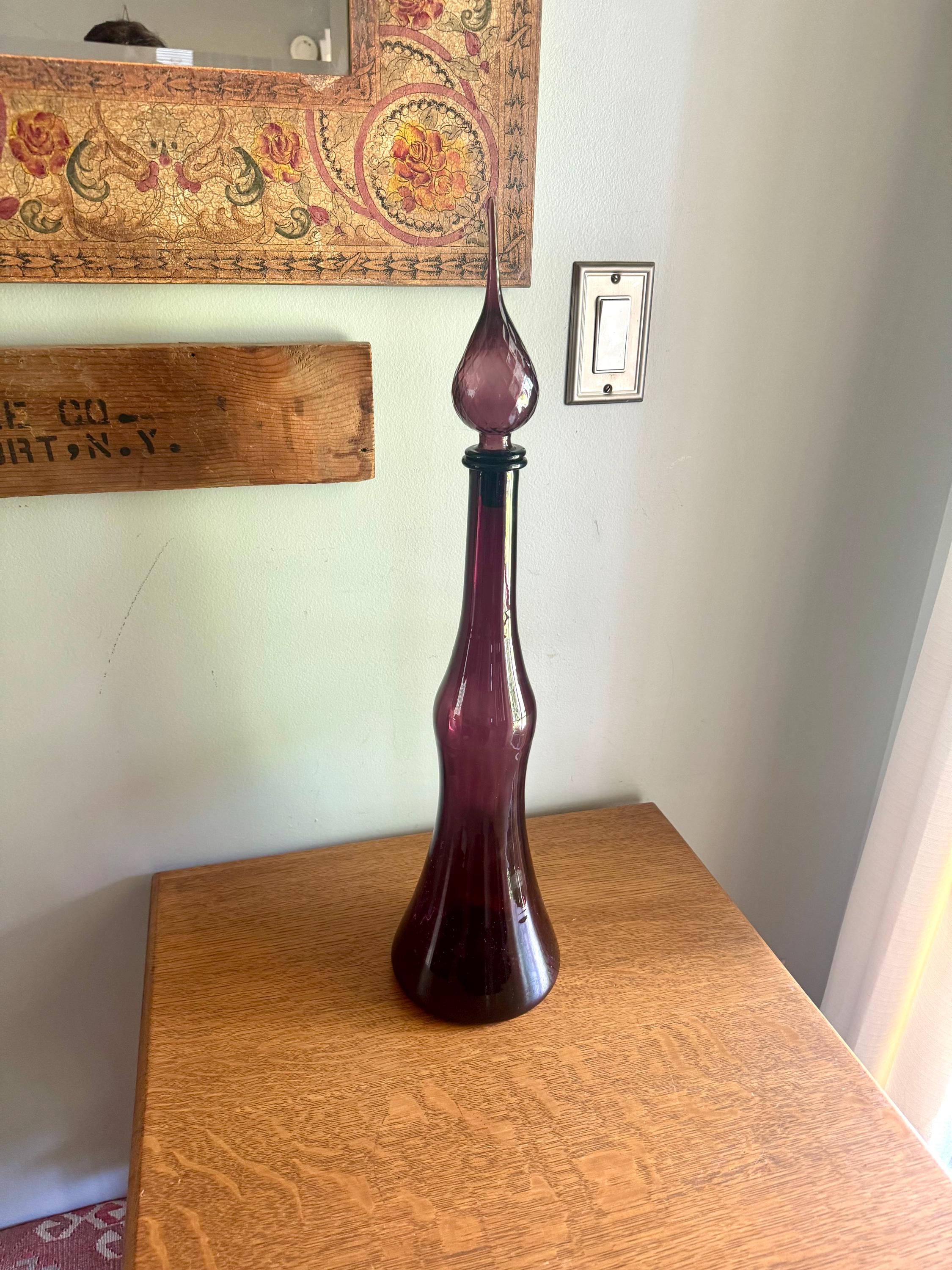 Large Amethyst Empoli Glass Bottle | Deep Purple Italian Glass Decanter | 24 1/2" Genie Bottle Amethyst Bohemian Style Bottle | Boho Decor