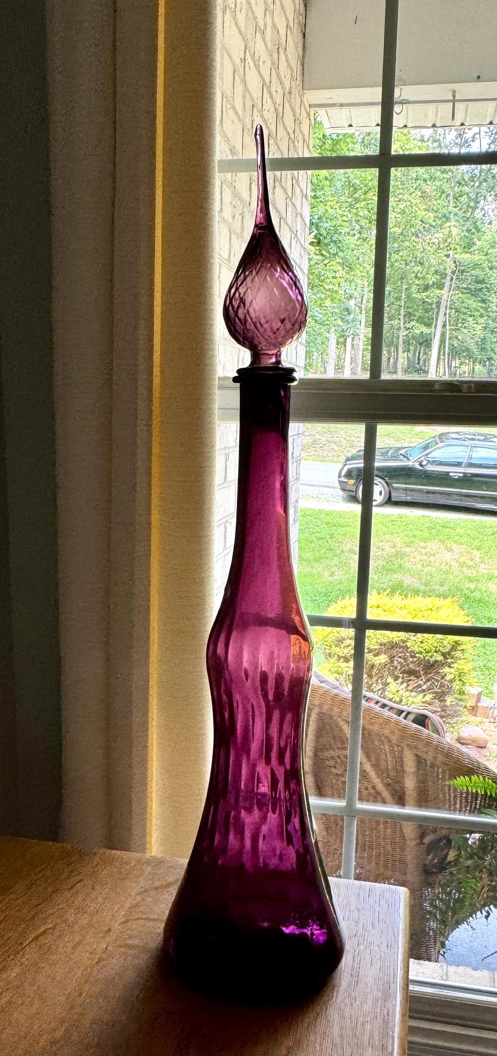 Large Amethyst Empoli Glass Bottle | Deep Purple Italian Glass Decanter | 24 1/2" Genie Bottle Amethyst Bohemian Style Bottle | Boho Decor