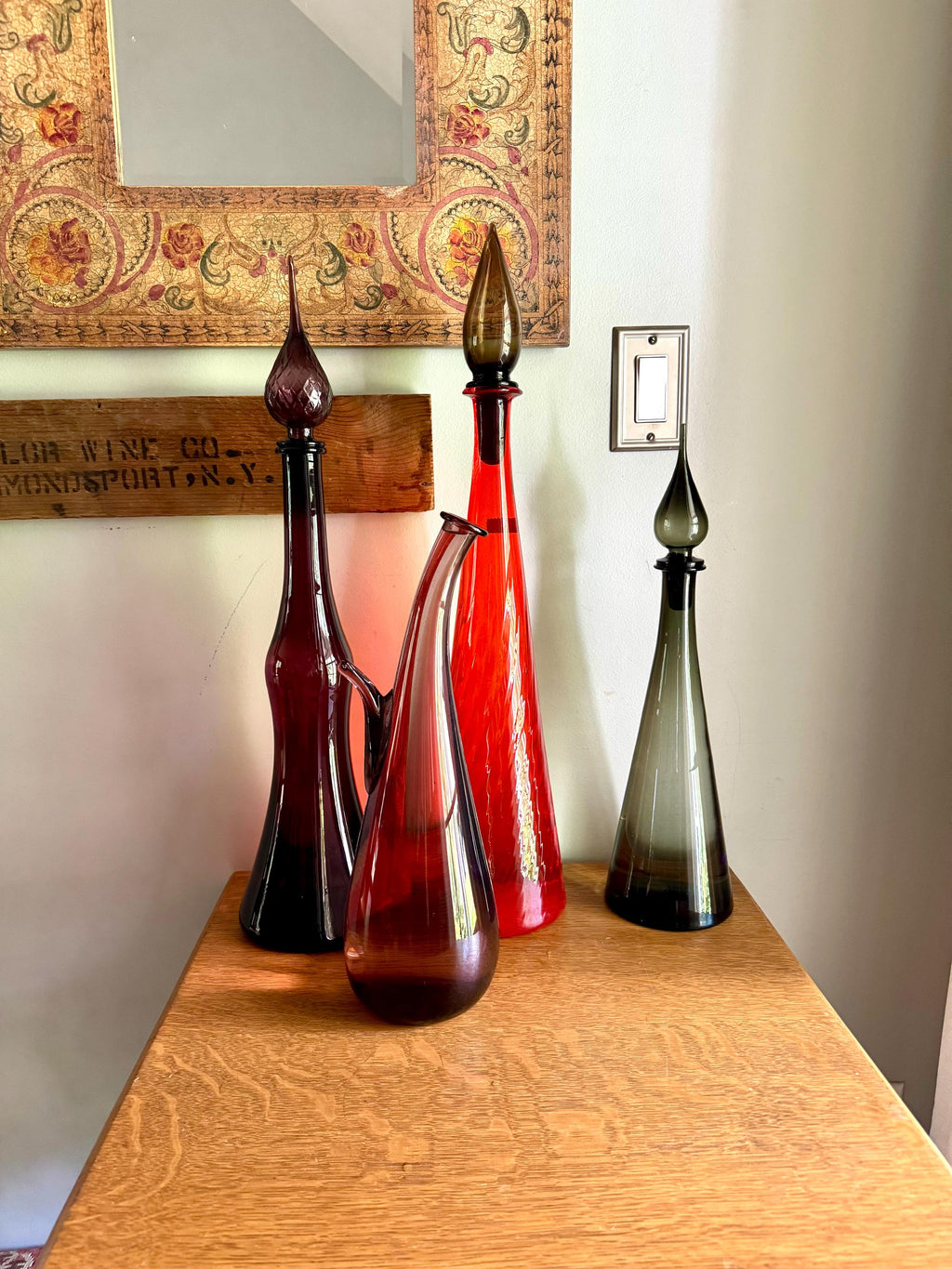 Large Flame Red Swirl Empoli Glass Bottle | Red Italian Glass Decanter | 24 1/2" Genie Bottle | Red Swirl Glass Bohemian Style Bottle