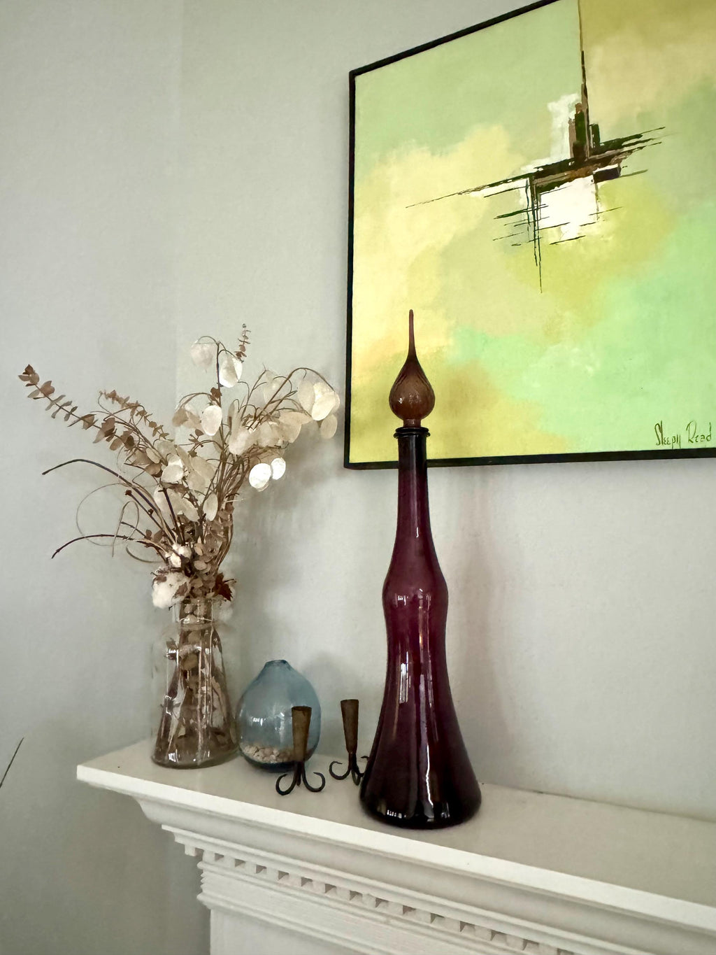 Large Amethyst Empoli Glass Bottle | Deep Purple Italian Glass Decanter | 24 1/2" Genie Bottle Amethyst Bohemian Style Bottle | Boho Decor